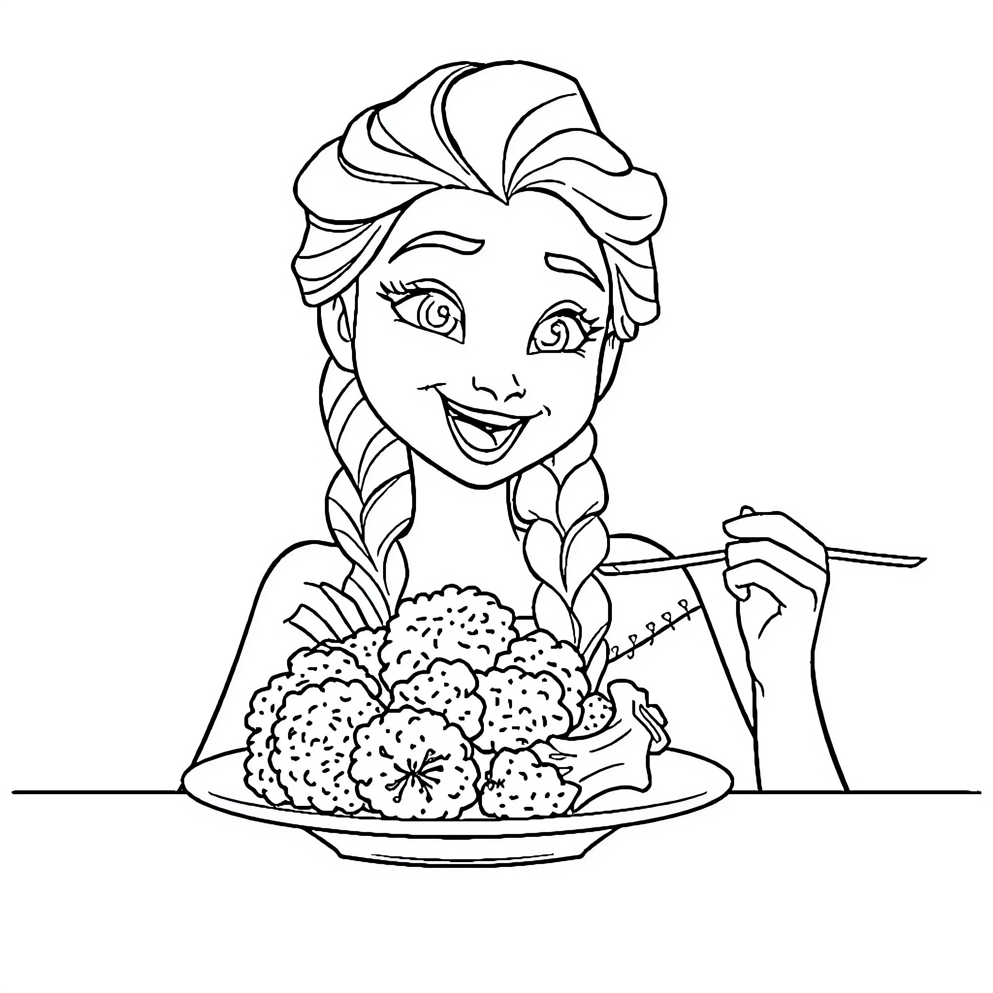 Elsa enjoying a delightful meal Coloring Page (free black-and-white line drawing printable PDF for all, from beginners to advanced learners, including children, teens, adults, and seniors)