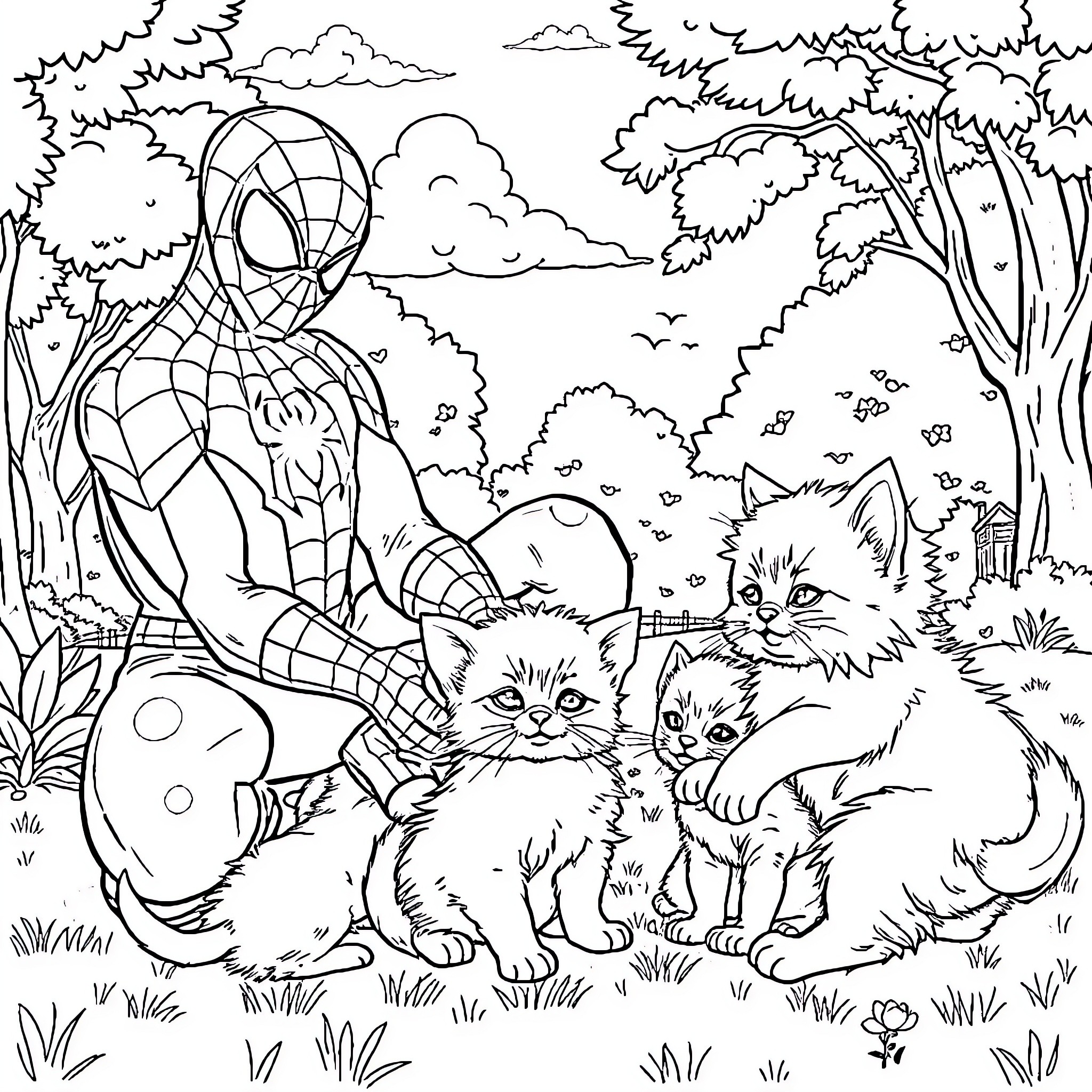 Spiderman encounters playful kittens in the forest Coloring Page (free black-and-white line drawing printable PDF for all, from beginners to advanced learners, including children, teens, adults, and seniors)