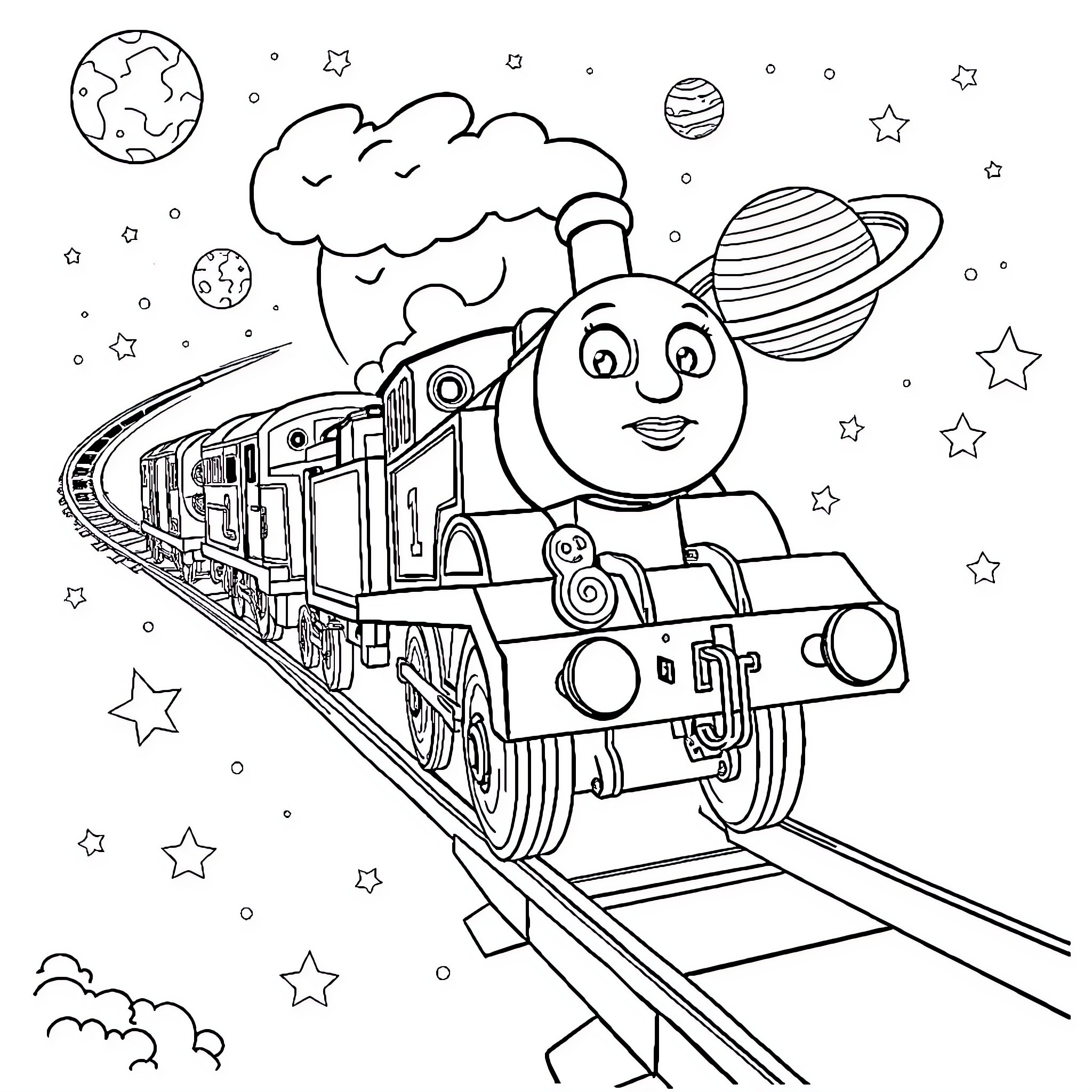 Thomas' Cosmic Train Adventure Coloring Page (free black-and-white line drawing printable PDF for all, from beginners to advanced learners, including children, teens, adults, and seniors)