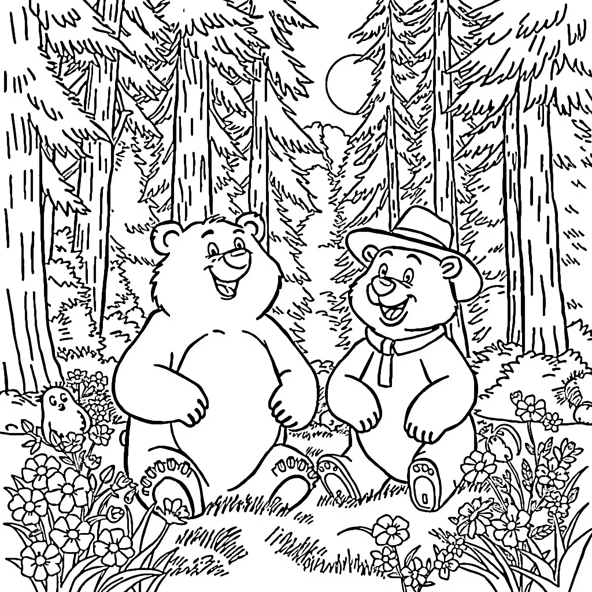 Bear Buddies Enjoying Nature's Wonders Coloring Page (free black-and-white line drawing printable PDF for all, from beginners to advanced learners, including children, teens, adults, and seniors)