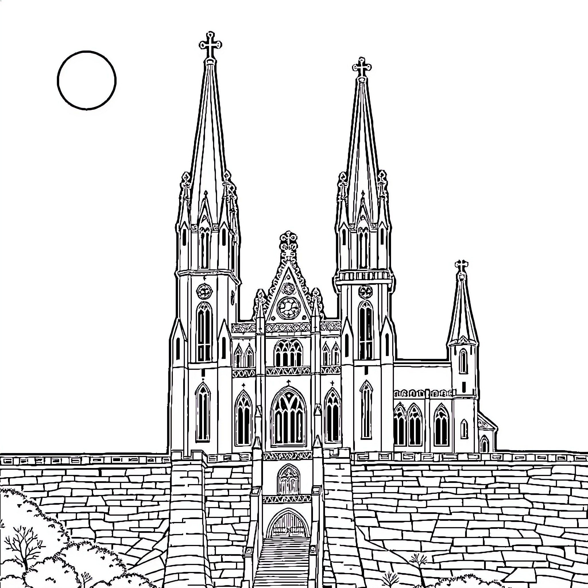 Castle with Ornate Gothic Architecture Coloring Page (free black-and-white line drawing printable PDF for all, from beginners to advanced learners, including children, teens, adults, and seniors)