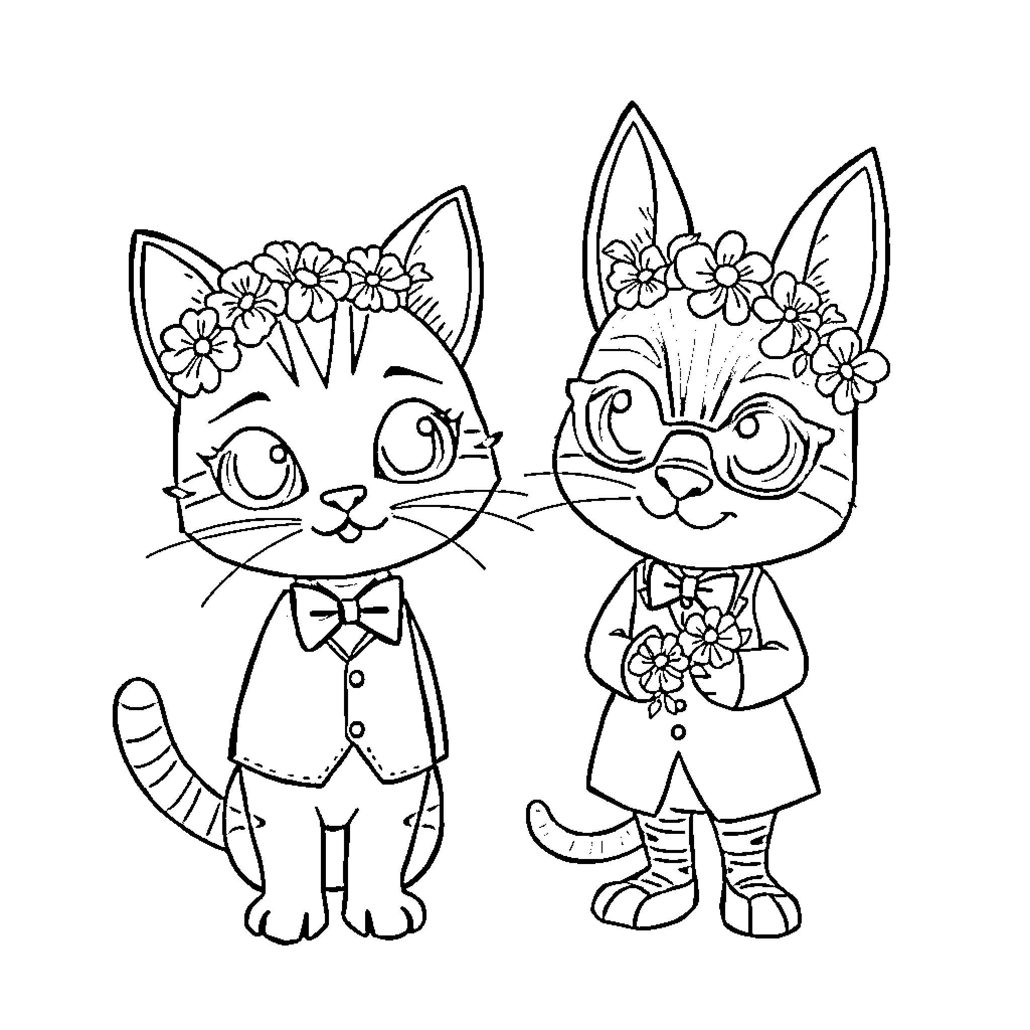 Kitten friends dressed up with floral crowns Coloring Page (free black-and-white line drawing printable PDF for all, from beginners to advanced learners, including children, teens, adults, and seniors)