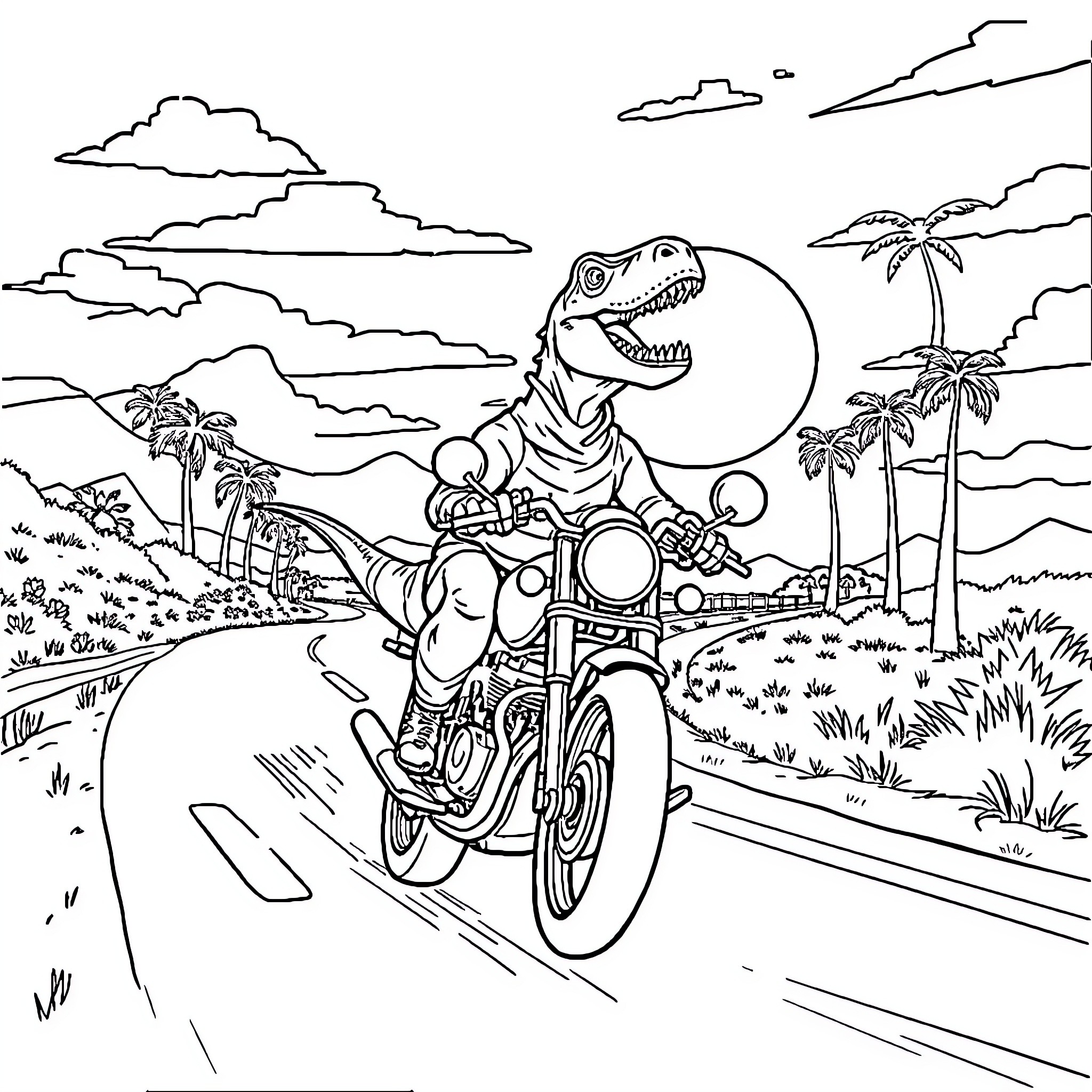 Dinosaur riding motorcycle through tropical landscape Coloring Page (free black-and-white line drawing printable PDF for all, from beginners to advanced learners, including children, teens, adults, and seniors)