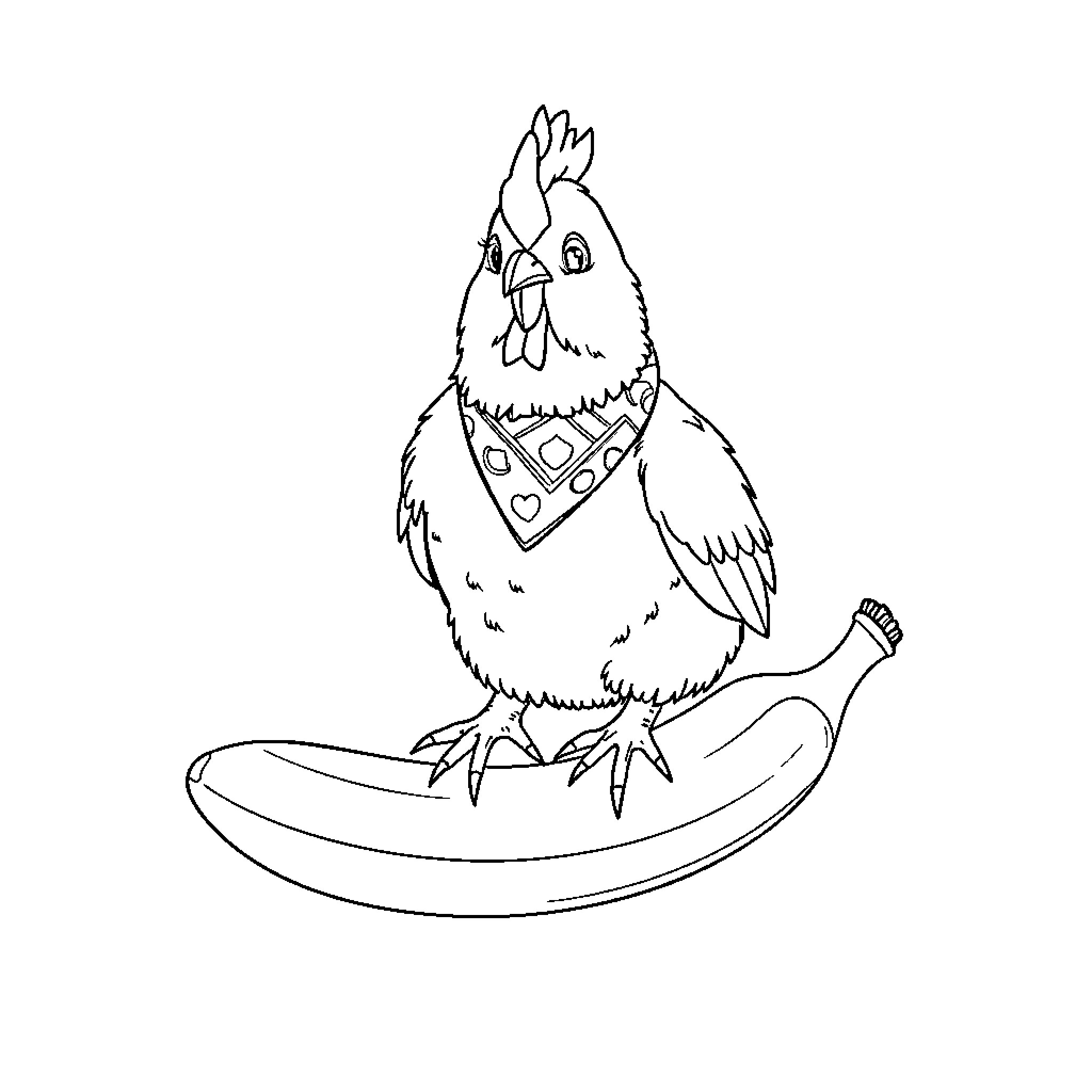 Chicken dressed in a bandana on a banana Coloring Page (free black-and-white line drawing printable PDF for all, from beginners to advanced learners, including children, teens, adults, and seniors)
