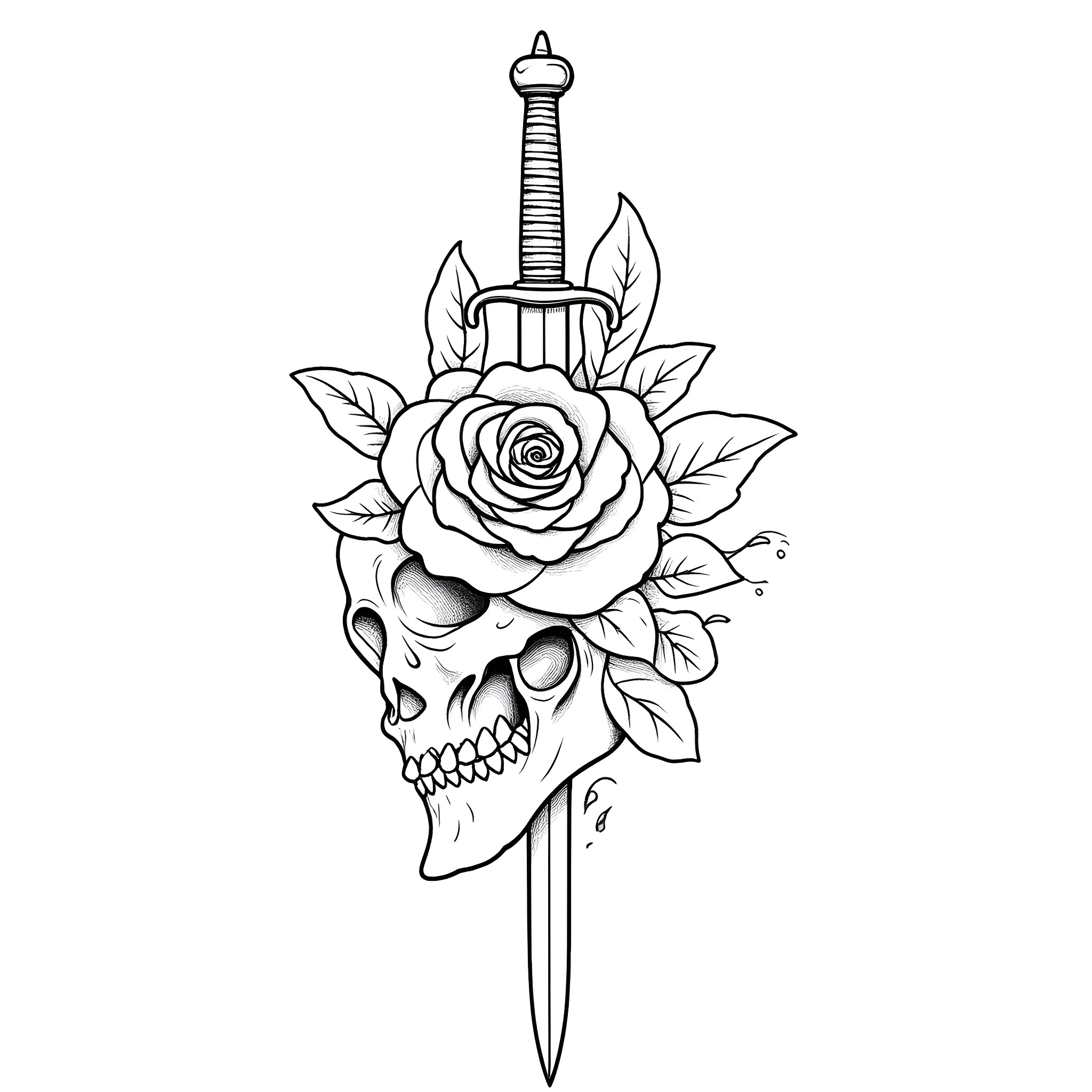 Tattoo of a skull, sword, and rose Coloring Page (free black-and-white line drawing printable PDF for all, from beginners to advanced learners, including children, teens, adults, and seniors)