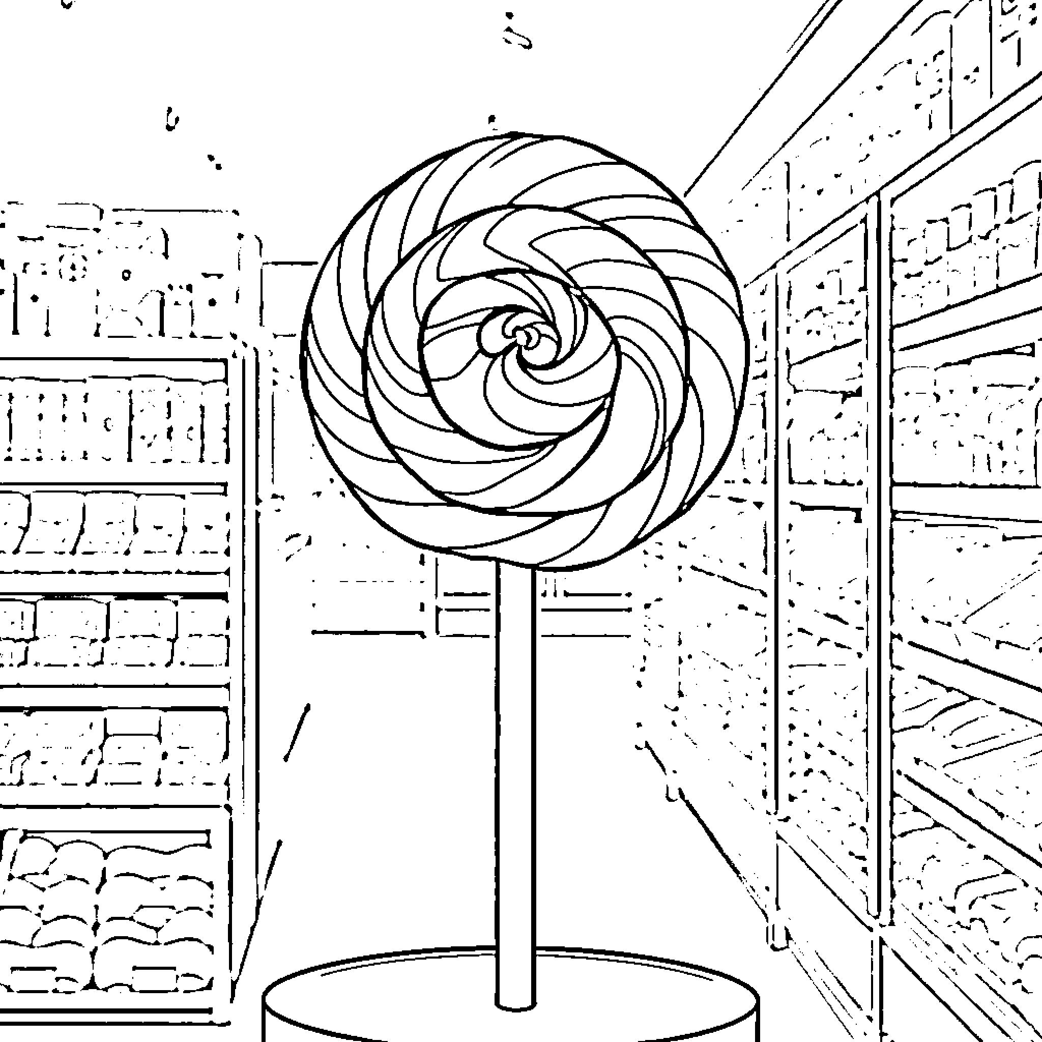 Lollipop display in a candy store Coloring Page (free black-and-white line drawing printable PDF for all, from beginners to advanced learners, including children, teens, adults, and seniors)