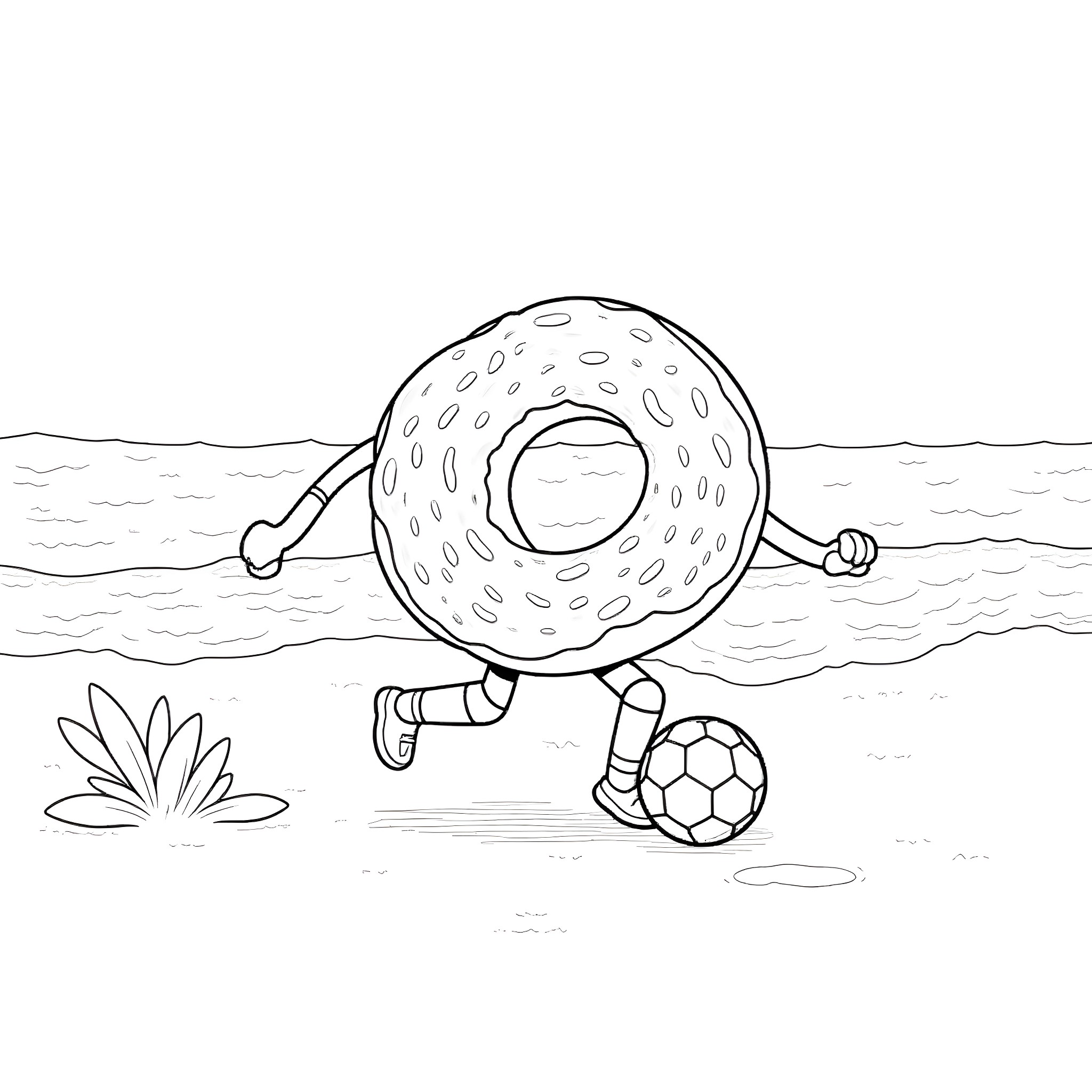 Donut character playing soccer on the beach Coloring Page (free black-and-white line drawing printable PDF for all, from beginners to advanced learners, including children, teens, adults, and seniors)
