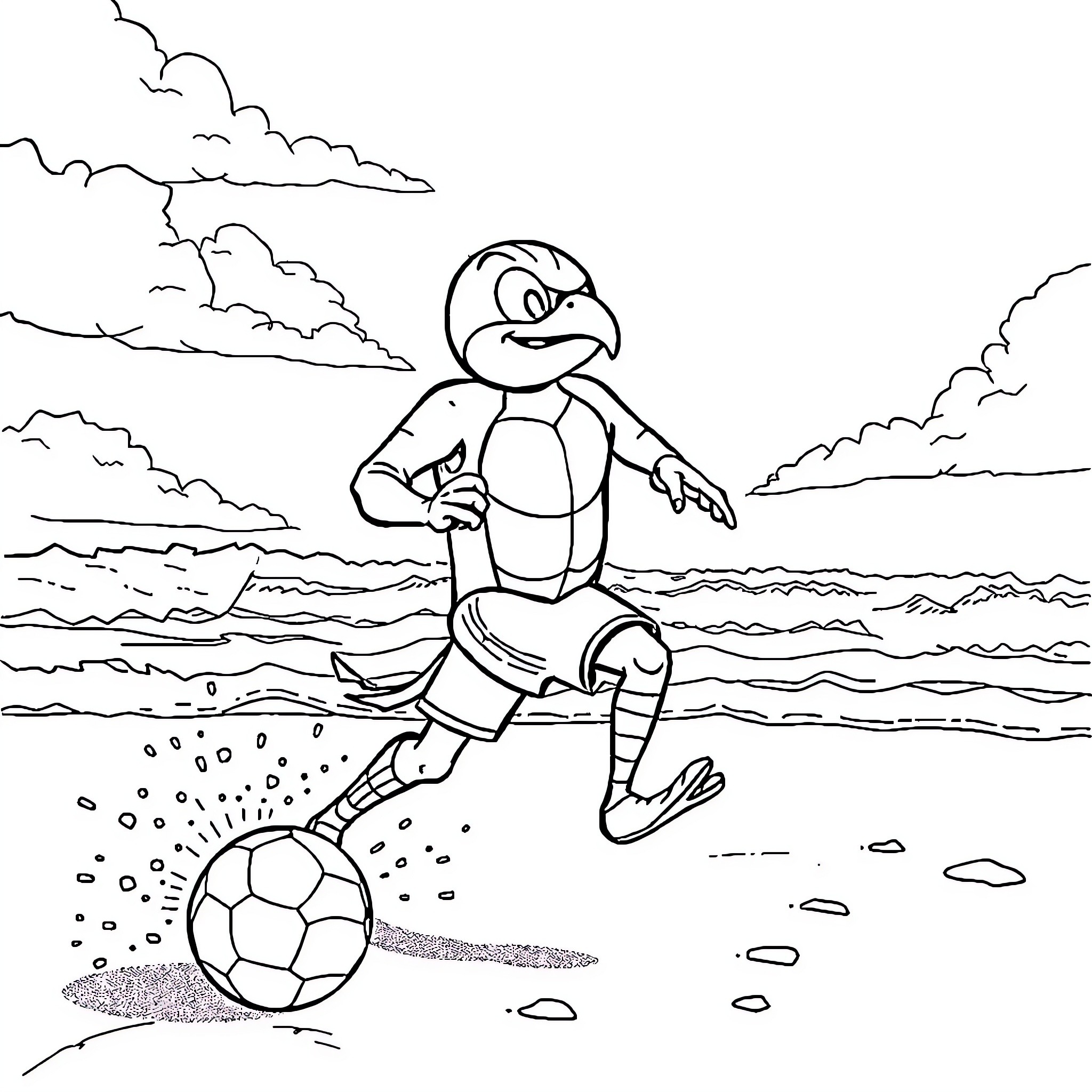 Paw Patrol character playing soccer on the beach Coloring Page (free black-and-white line drawing printable PDF for all, from beginners to advanced learners, including children, teens, adults, and seniors)