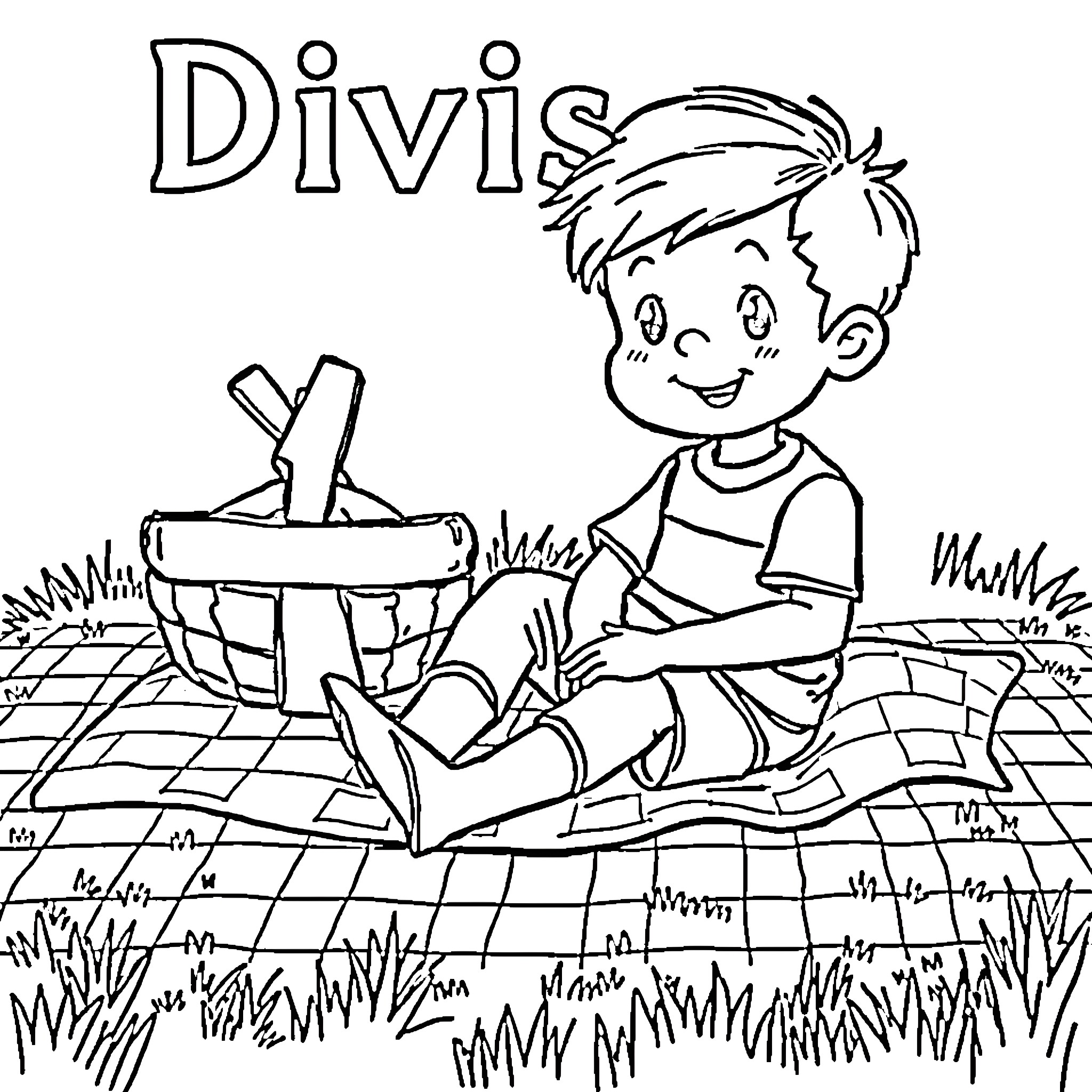 Boy enjoying a picnic outdoors Coloring Page (free black-and-white line drawing printable PDF for all, from beginners to advanced learners, including children, teens, adults, and seniors)