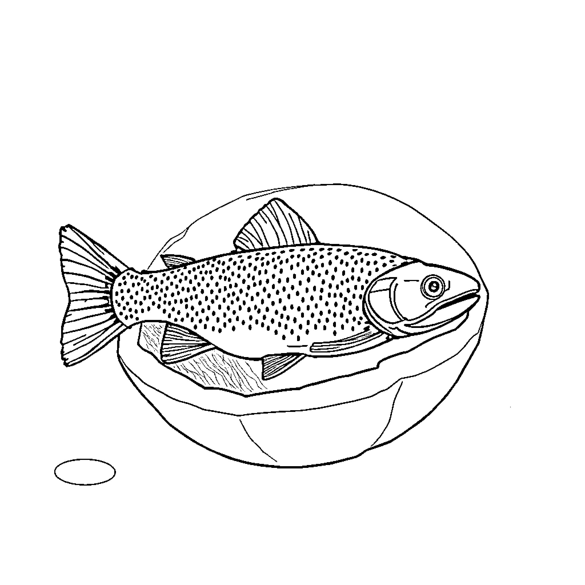Pumpkin-shaped Fish in Bowl Coloring Page (free black-and-white line drawing printable PDF for all, from beginners to advanced learners, including children, teens, adults, and seniors)