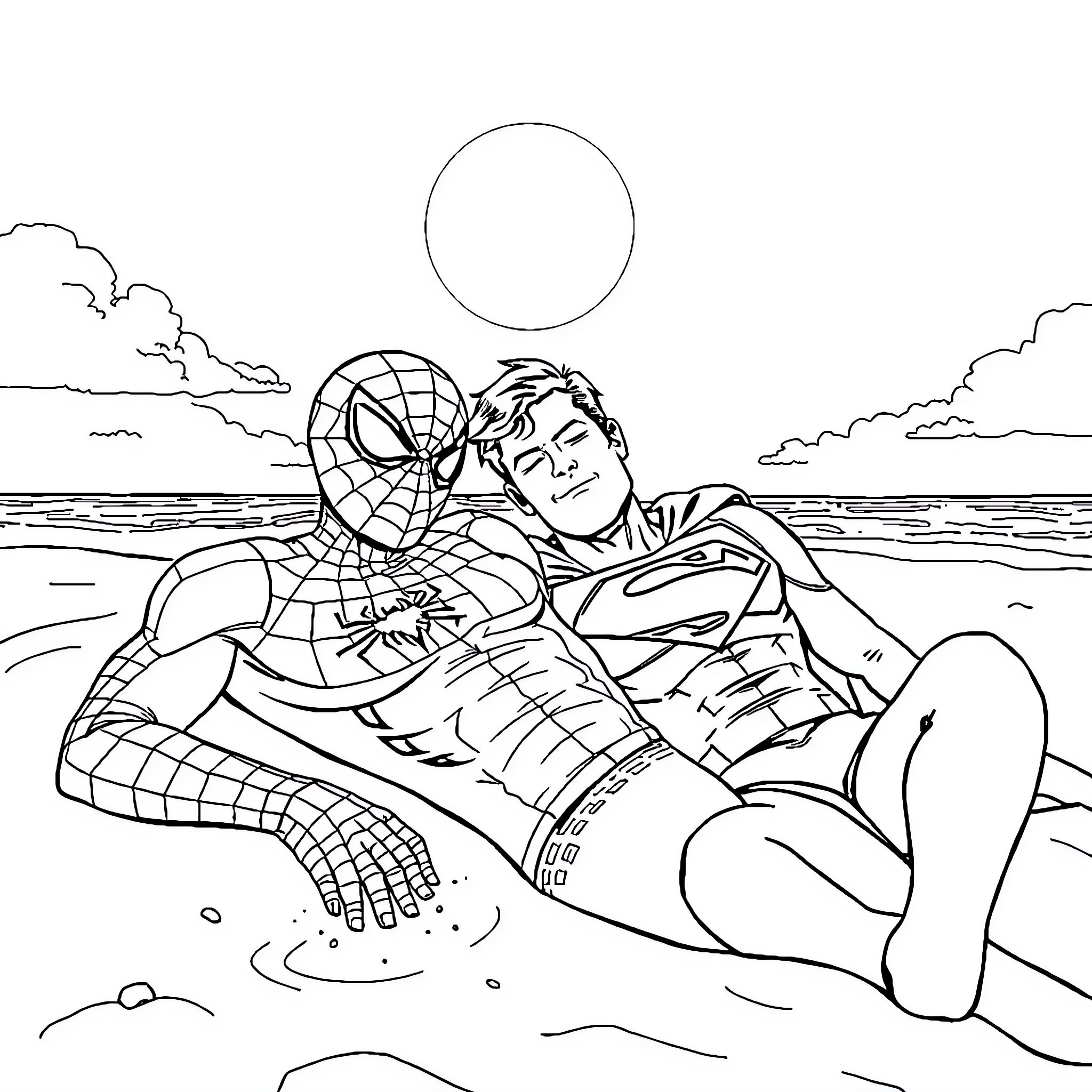 Spiderman relaxes on the beach with Superman Coloring Page (free black-and-white line drawing printable PDF for all, from beginners to advanced learners, including children, teens, adults, and seniors)