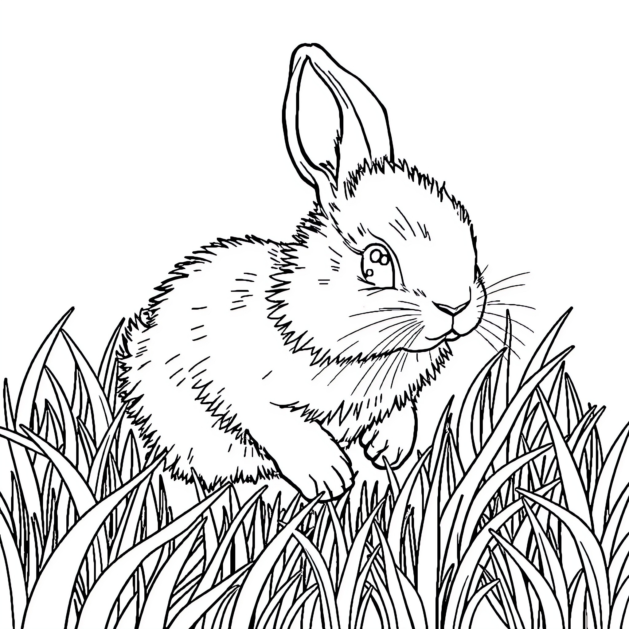 Rabbit resting in lush grass Coloring Page (free black-and-white line drawing printable PDF for all, from beginners to advanced learners, including children, teens, adults, and seniors)