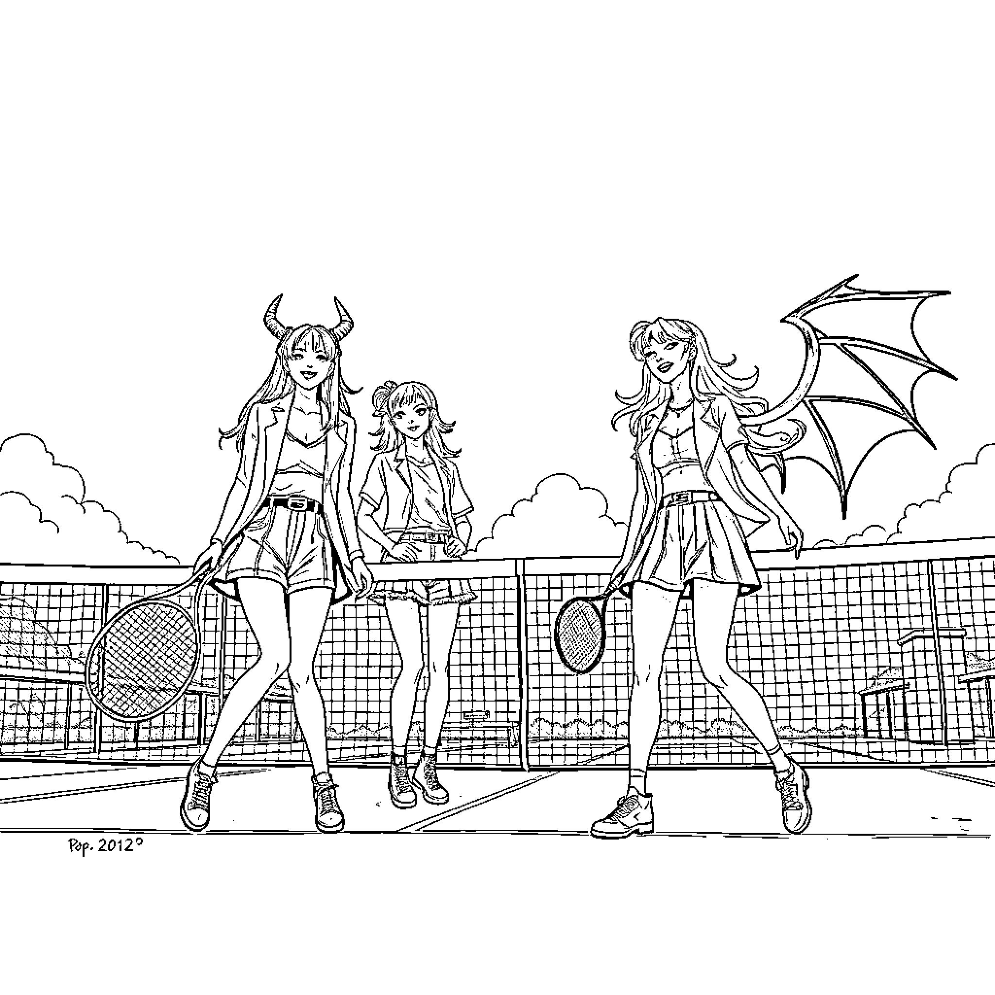 Demon Hunters Engage in Tennis Battle Coloring Page (free black-and-white line drawing printable PDF for all, from beginners to advanced learners, including children, teens, adults, and seniors)