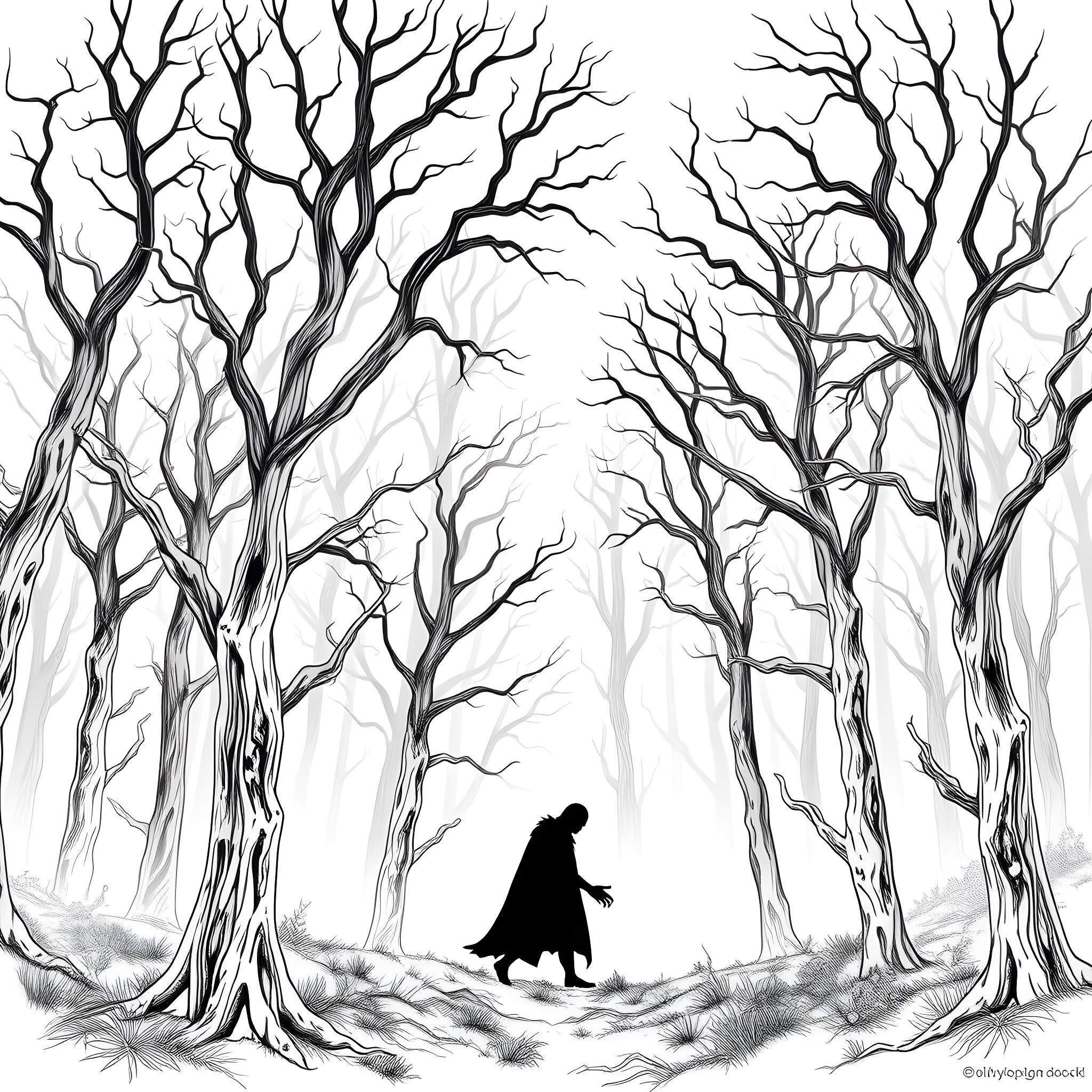 Wendigo stalking through the eerie, bare-branched forest Coloring Page (free black-and-white line drawing printable PDF for all, from beginners to advanced learners, including children, teens, adults, and seniors)