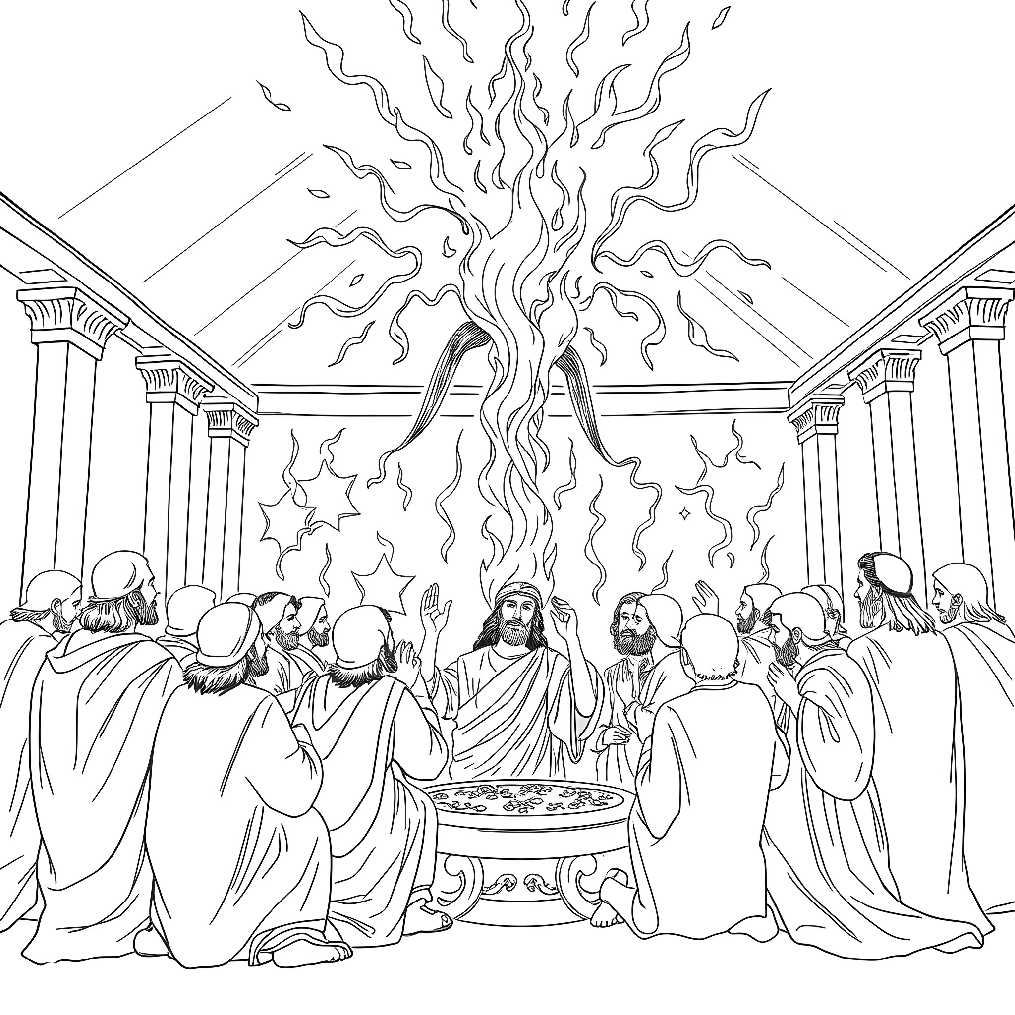 Pentecost scene of flames and disciples Coloring Page (free black-and-white line drawing printable PDF for all, from beginners to advanced learners, including children, teens, adults, and seniors)