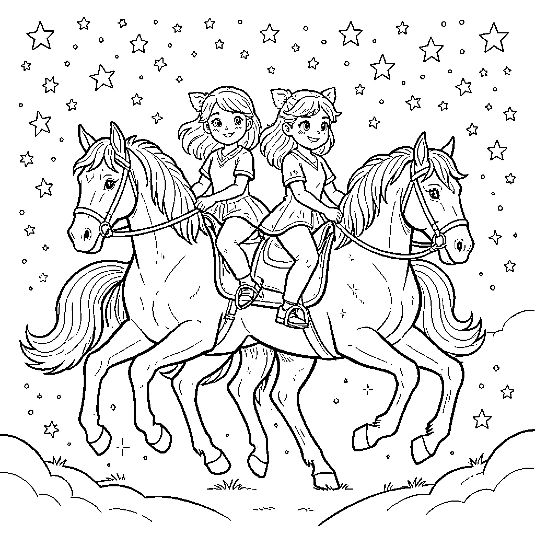 Jumelles riding horses through a starry night sky Coloring Page (free black-and-white line drawing printable PDF for all, from beginners to advanced learners, including children, teens, adults, and seniors)