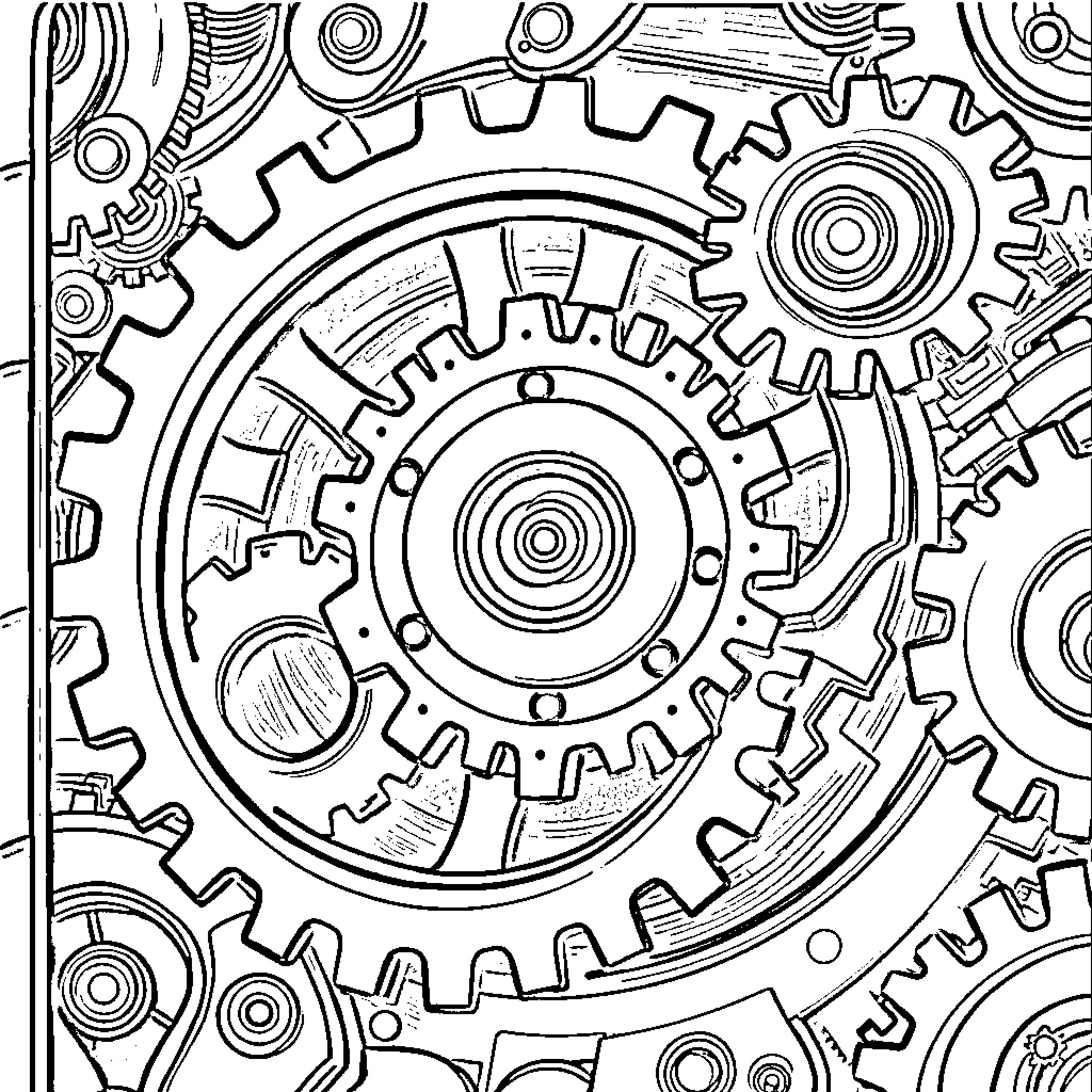 Gear Mechanics Intertwined in Abstract Design Coloring Page (free black-and-white line drawing printable PDF for all, from beginners to advanced learners, including children, teens, adults, and seniors)