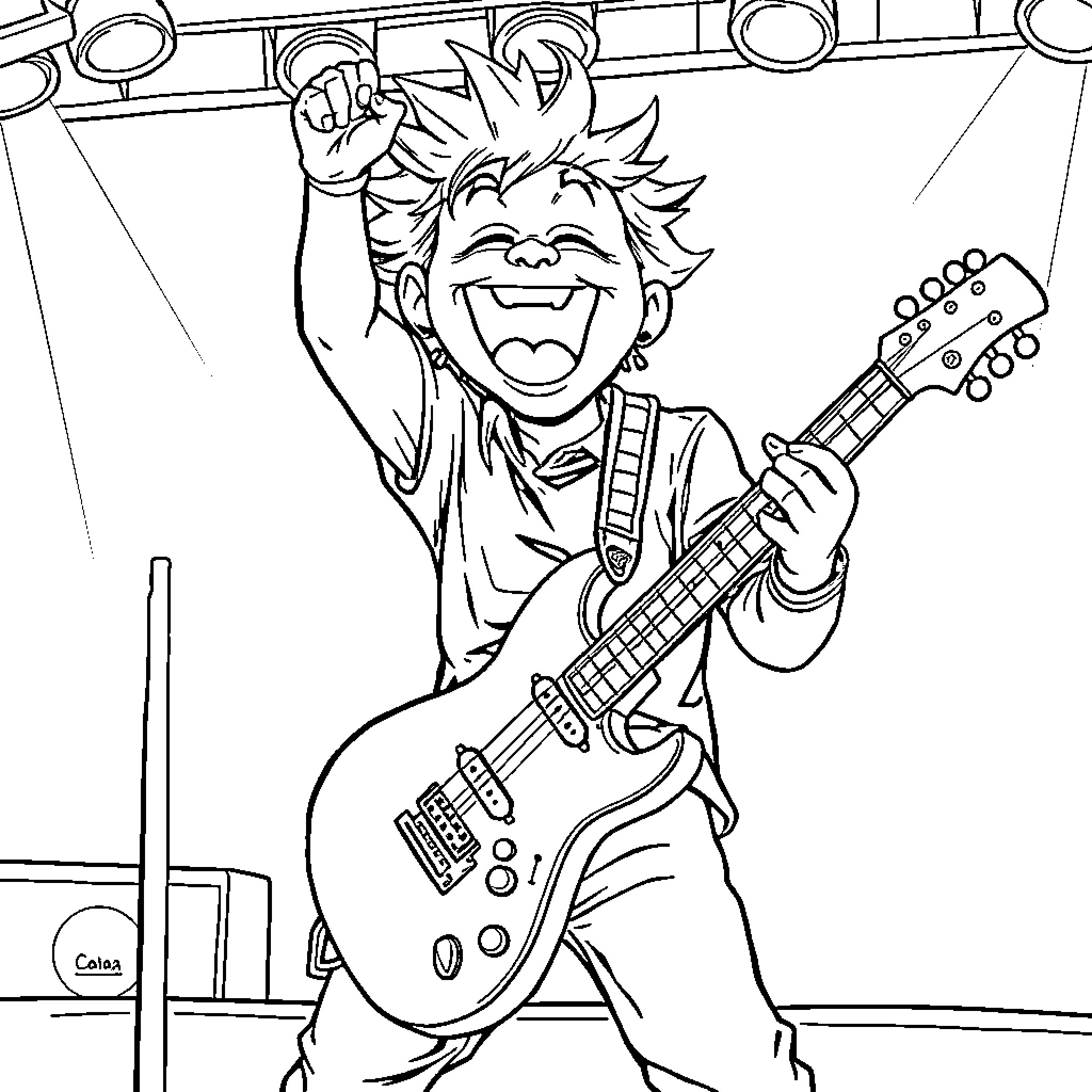 Songoku rocking out on electric guitar Coloring Page (free black-and-white line drawing printable PDF for all, from beginners to advanced learners, including children, teens, adults, and seniors)