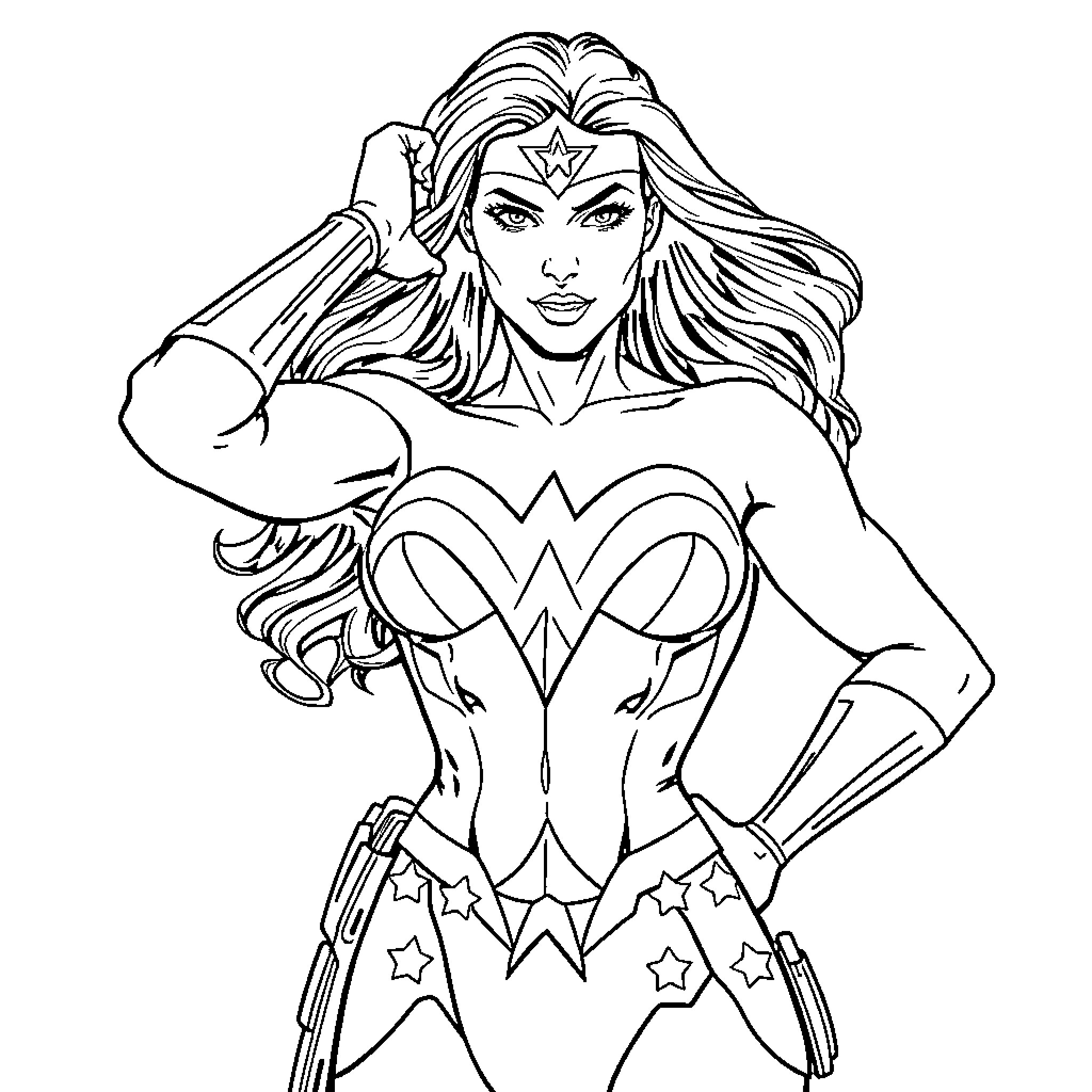 Wonder Woman in heroic pose with powerful expression Coloring Page (free black-and-white line drawing printable PDF for all, from beginners to advanced learners, including children, teens, adults, and seniors)
