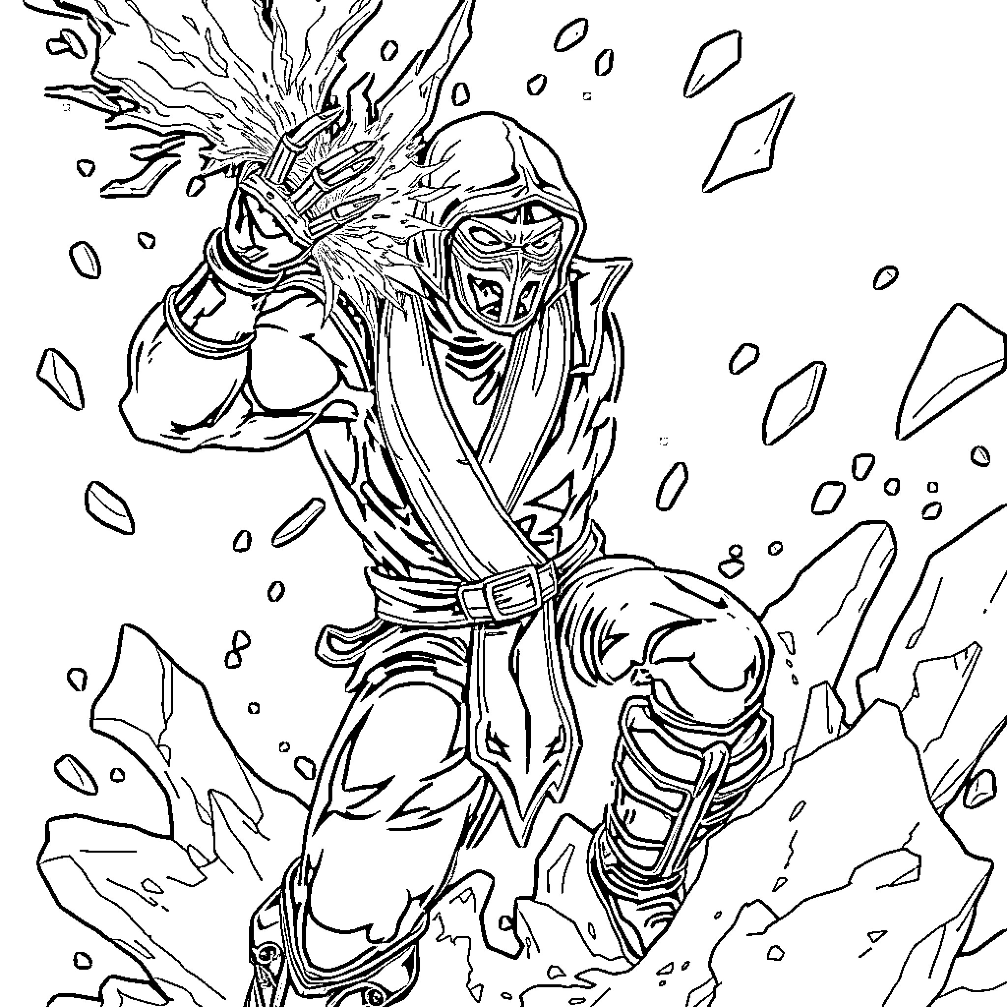 Sub Zero Warrior Battling in Icy Surroundings Coloring Page (free black-and-white line drawing printable PDF for all, from beginners to advanced learners, including children, teens, adults, and seniors)