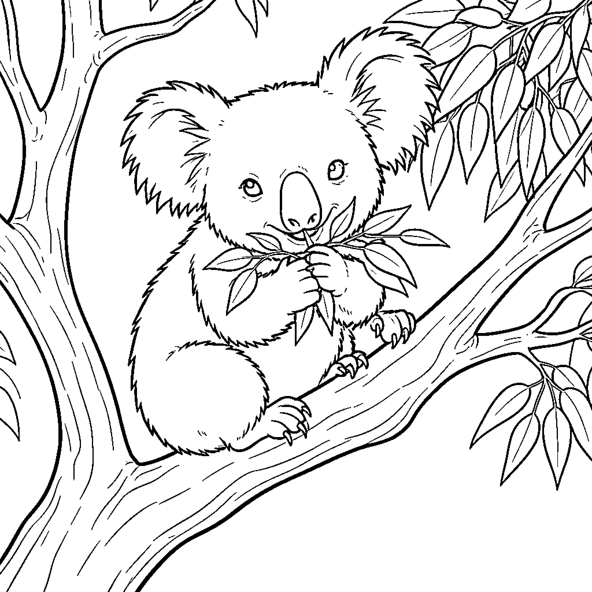 Koala eating leaves in the trees Coloring Page (free black-and-white line drawing printable PDF for all, from beginners to advanced learners, including children, teens, adults, and seniors)