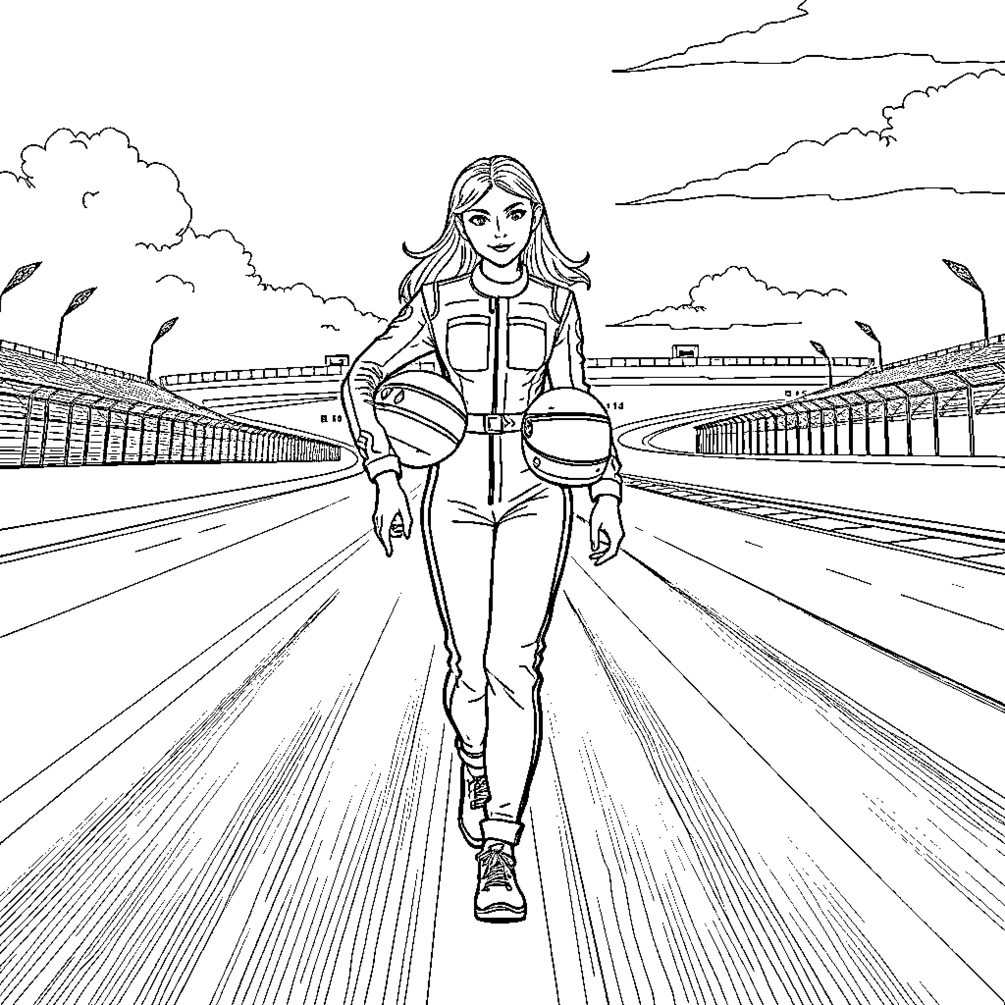 Racing Girl Speedway Adventure Coloring Page (free black-and-white line drawing printable PDF for all, from beginners to advanced learners, including children, teens, adults, and seniors)
