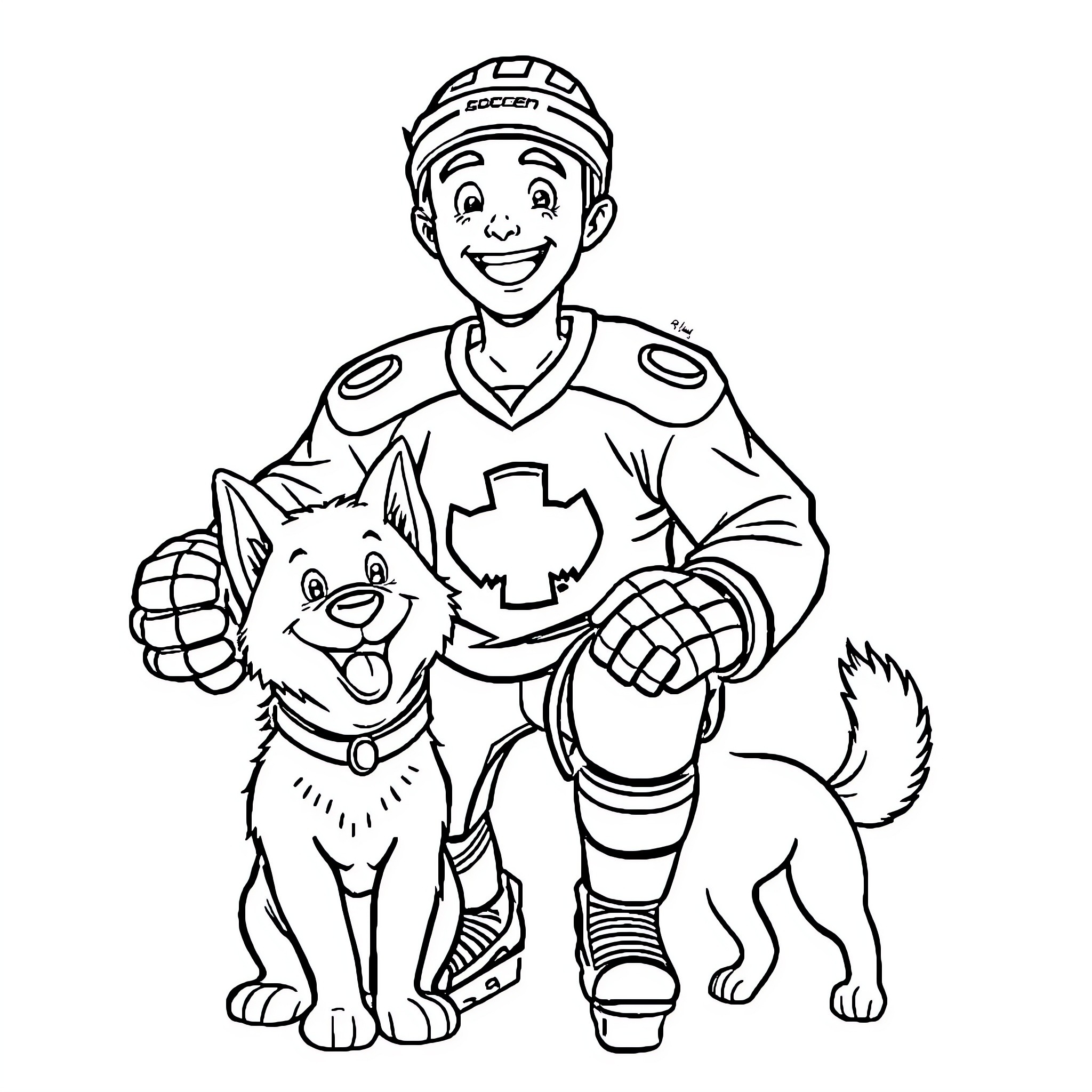 Ice Hockey Player with Friendly Pet Dog Coloring Page (free black-and-white line drawing printable PDF for all, from beginners to advanced learners, including children, teens, adults, and seniors)