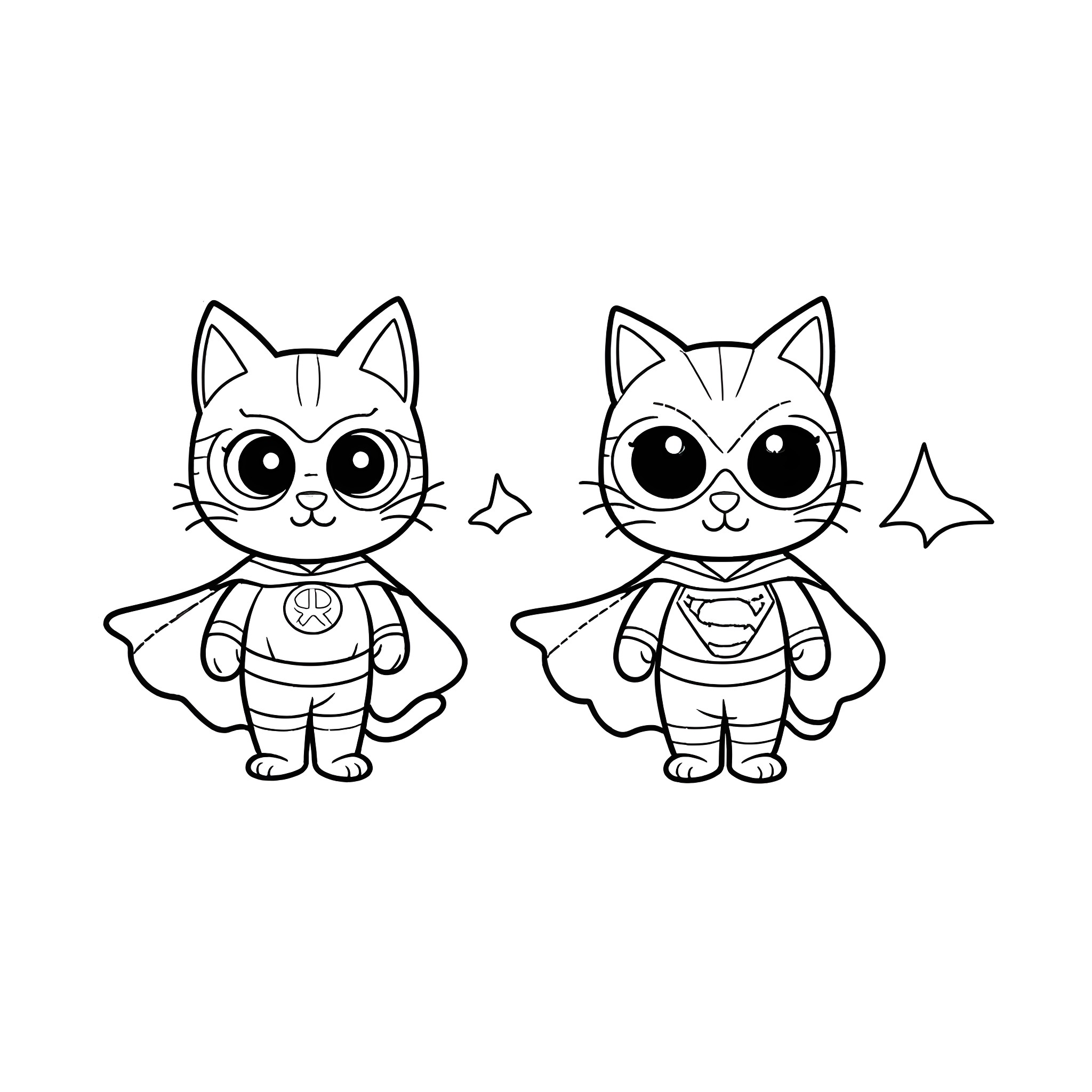 Cats in superhero costumes Coloring Page (free black-and-white line drawing printable PDF for all, from beginners to advanced learners, including children, teens, adults, and seniors)