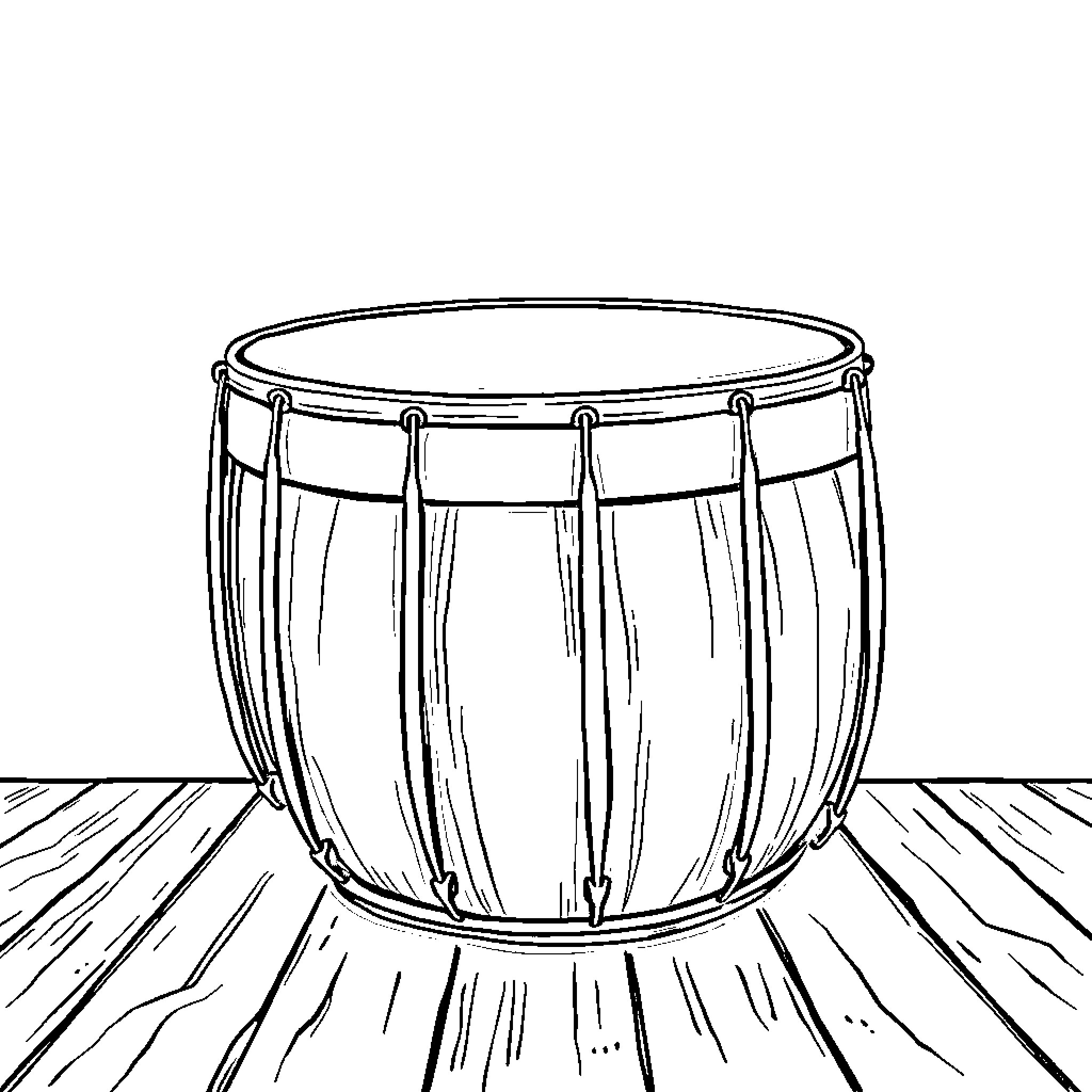 Drum on a wooden stage Coloring Page (free black-and-white line drawing printable PDF for all, from beginners to advanced learners, including children, teens, adults, and seniors)