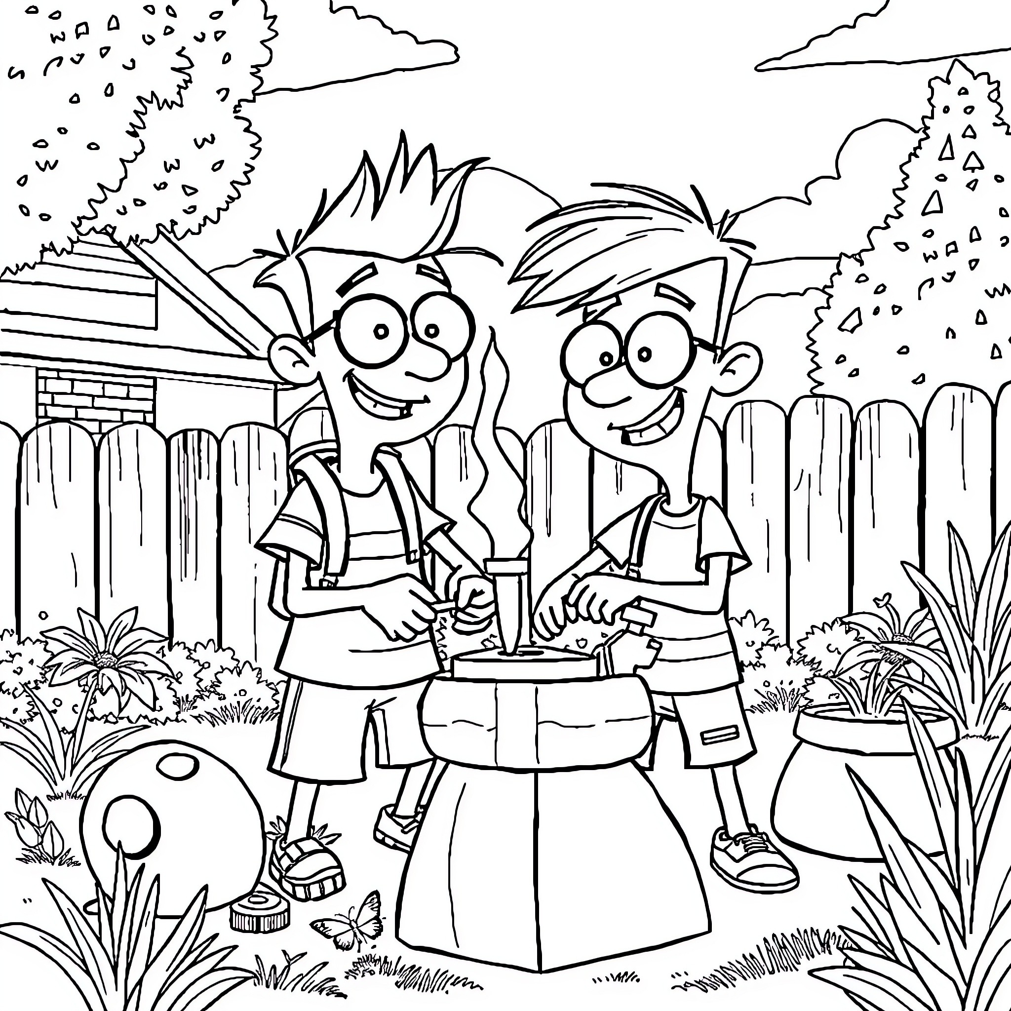 Phineas and Ferb Grilling Outdoors with Joy Coloring Page (free black-and-white line drawing printable PDF for all, from beginners to advanced learners, including children, teens, adults, and seniors)