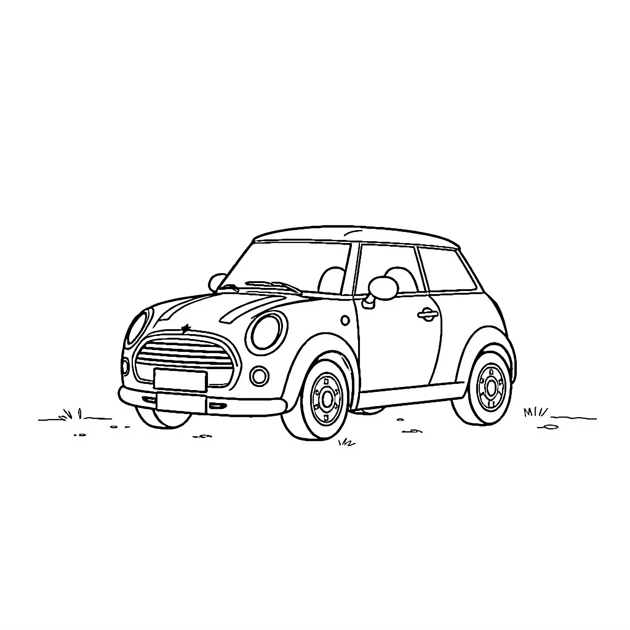 Mini Cooper car on the road Coloring Page (free black-and-white line drawing printable PDF for all, from beginners to advanced learners, including children, teens, adults, and seniors)