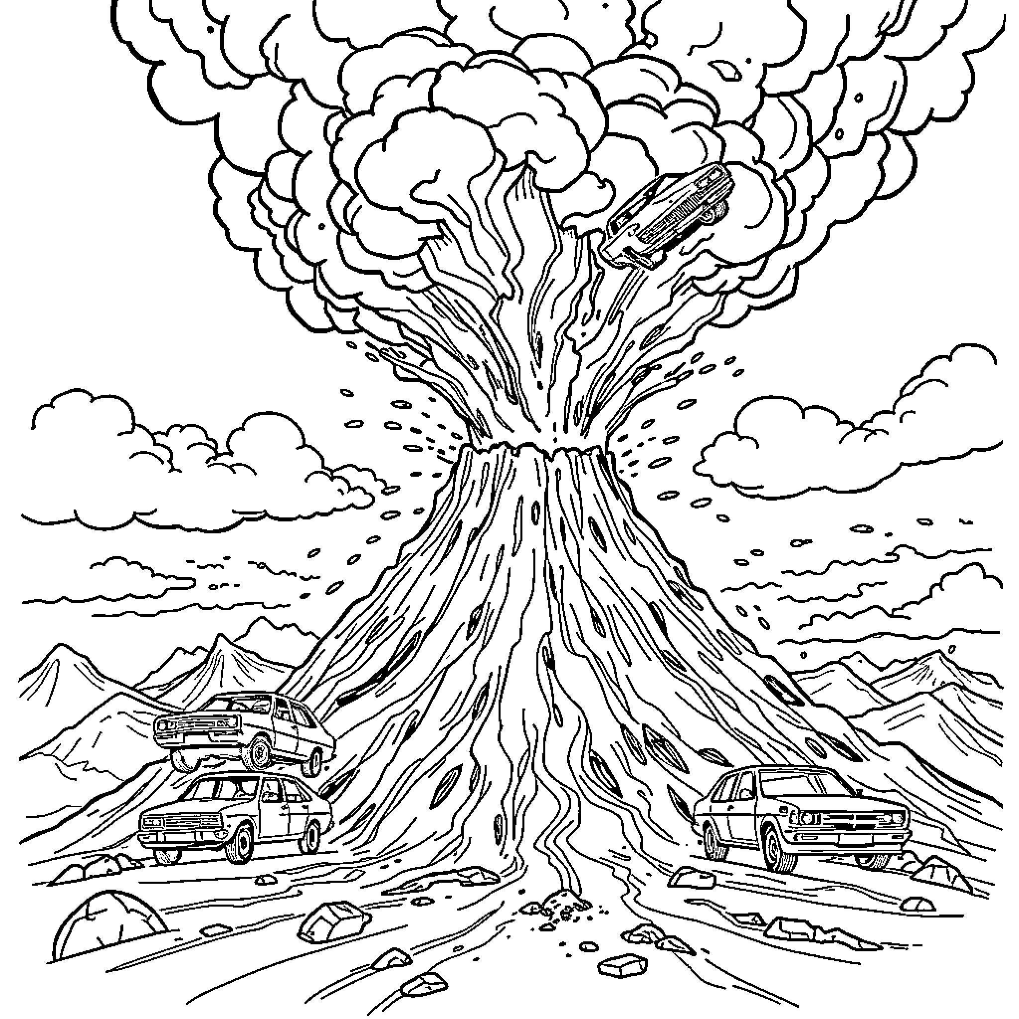 Volcano eruption with vehicles and chaos Coloring Page (free black-and-white line drawing printable PDF for all, from beginners to advanced learners, including children, teens, adults, and seniors)
