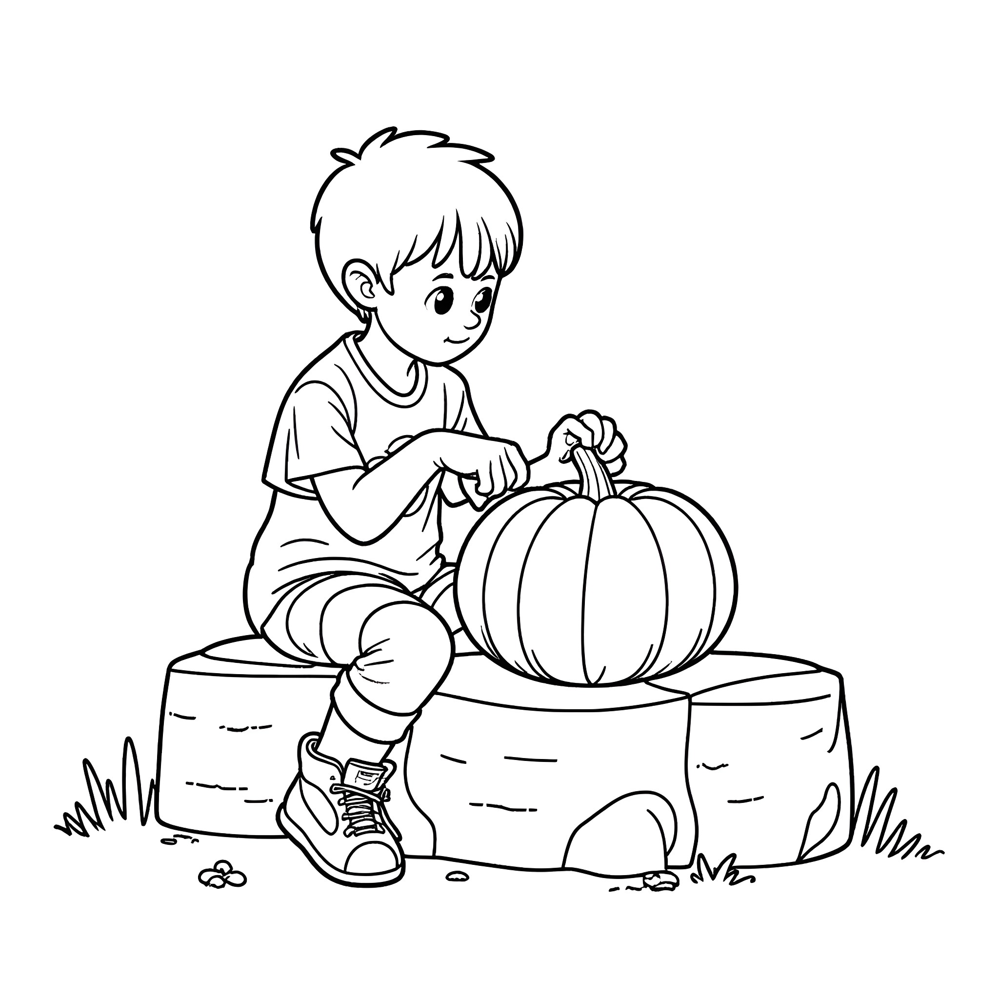 Boy sitting with a pumpkin Coloring Page (free black-and-white line drawing printable PDF for all, from beginners to advanced learners, including children, teens, adults, and seniors)