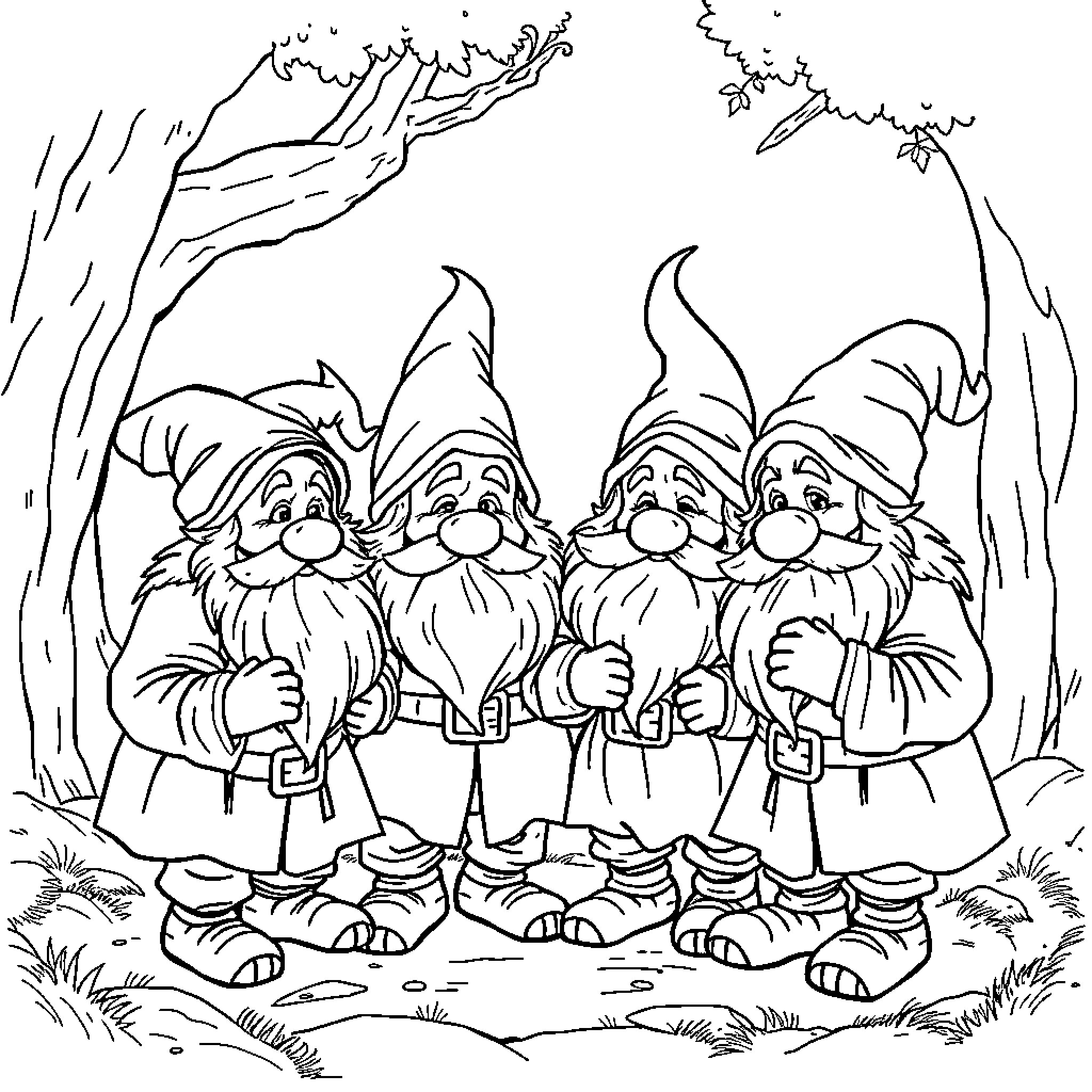 Dwarf characters exploring a forest scene Coloring Page (free black-and-white line drawing printable PDF for all, from beginners to advanced learners, including children, teens, adults, and seniors)