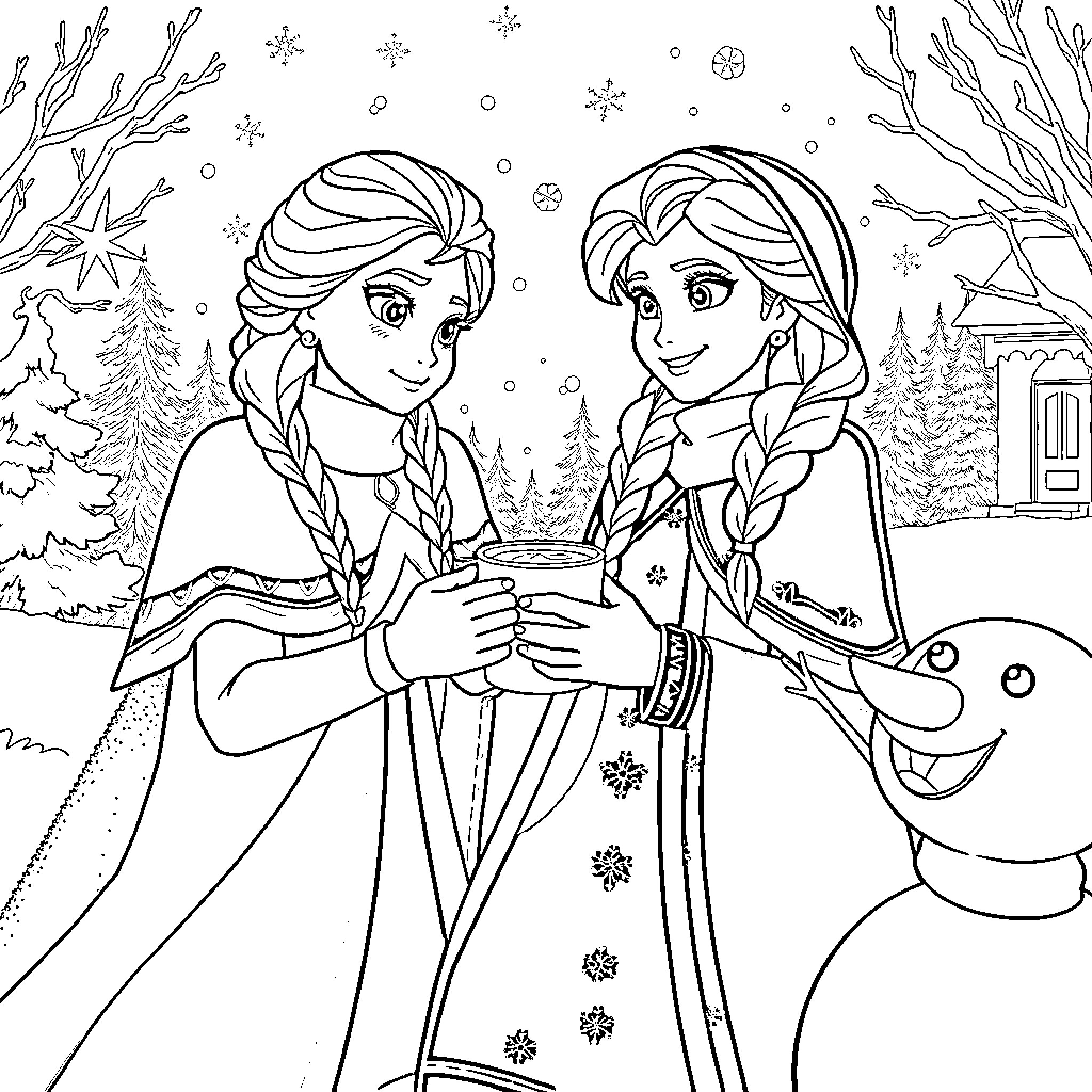 Elsa and Anna sharing a warm moment in the winter wonderland Coloring Page (free black-and-white line drawing printable PDF for all, from beginners to advanced learners, including children, teens, adults, and seniors)