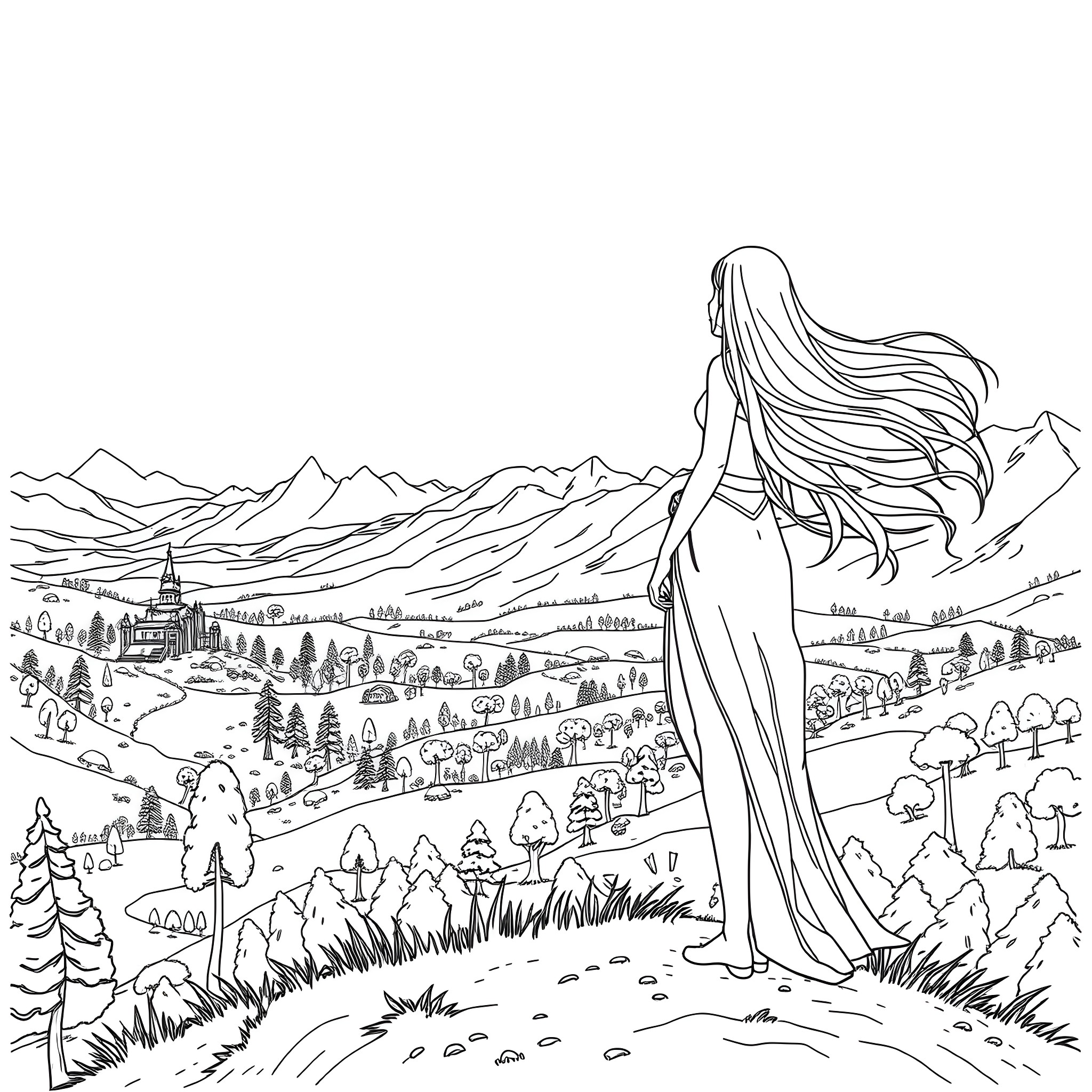 Violet observing the scenic mountain landscape Coloring Page (free black-and-white line drawing printable PDF for all, from beginners to advanced learners, including children, teens, adults, and seniors)