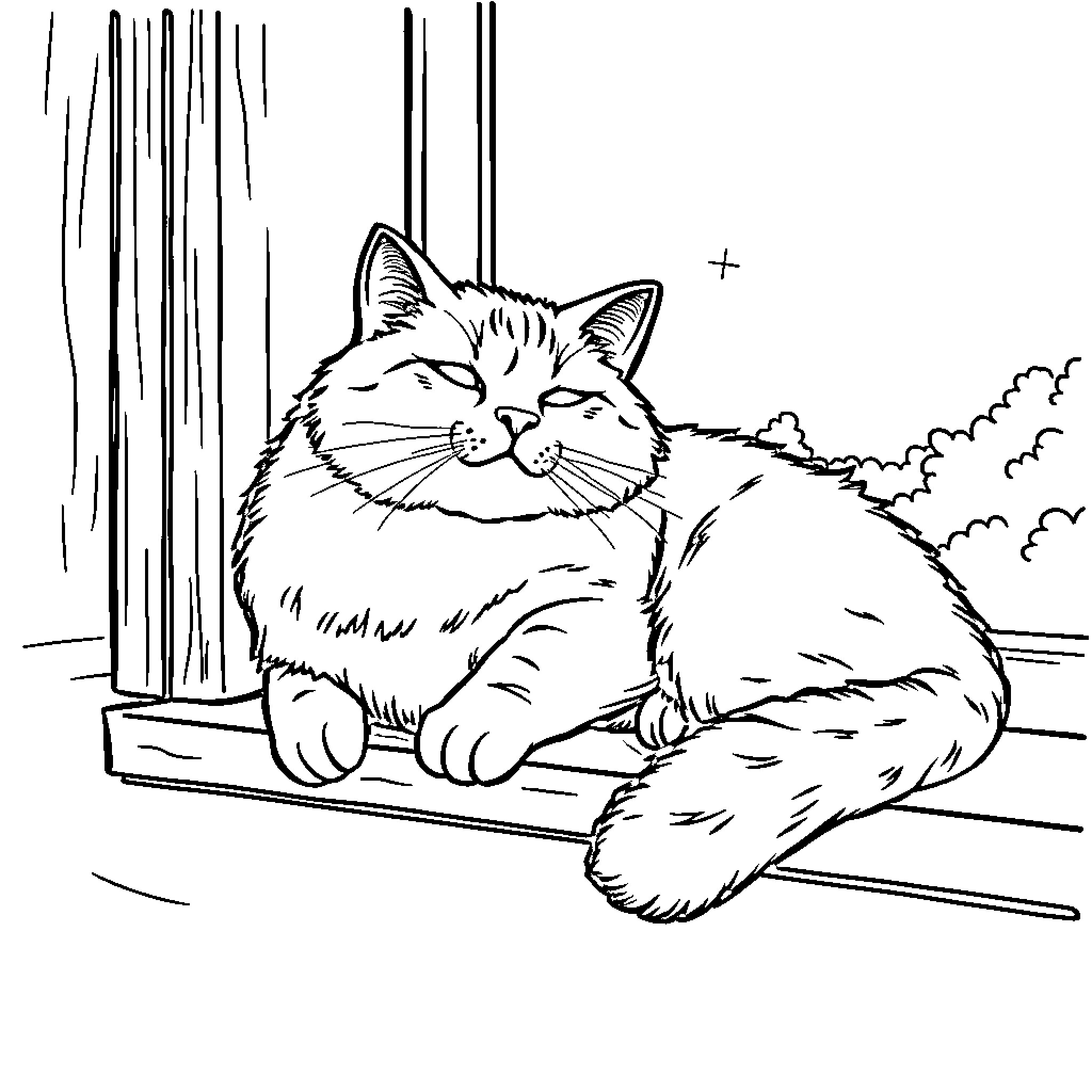 Cat resting peacefully on windowsill Coloring Page (free black-and-white line drawing printable PDF for all, from beginners to advanced learners, including children, teens, adults, and seniors)