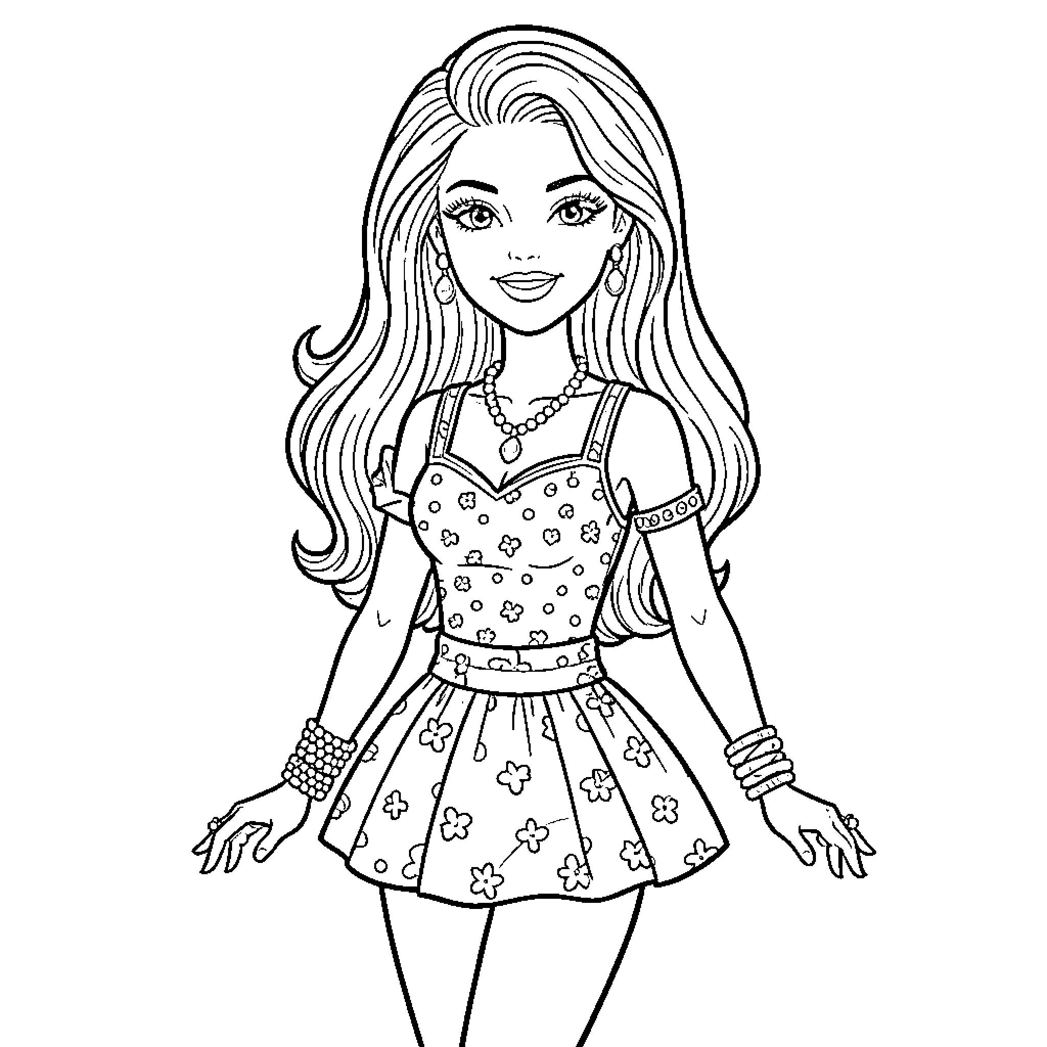 Barbie in a playful floral dress Coloring Page (free black-and-white line drawing printable PDF for all, from beginners to advanced learners, including children, teens, adults, and seniors)