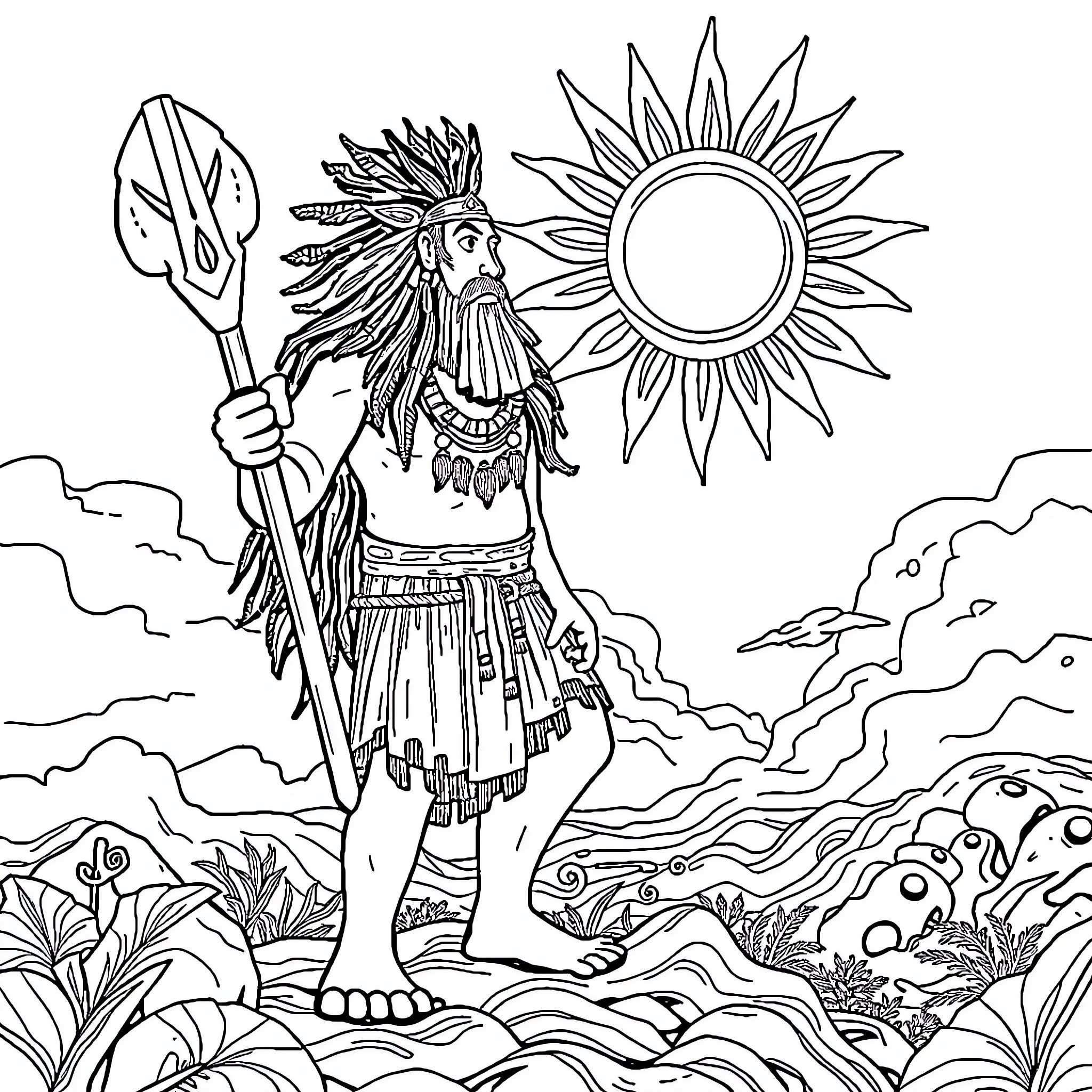 Maui, the Demigod, Stands Tall Amidst the Tropical Landscape Coloring Page (free black-and-white line drawing printable PDF for all, from beginners to advanced learners, including children, teens, adults, and seniors)