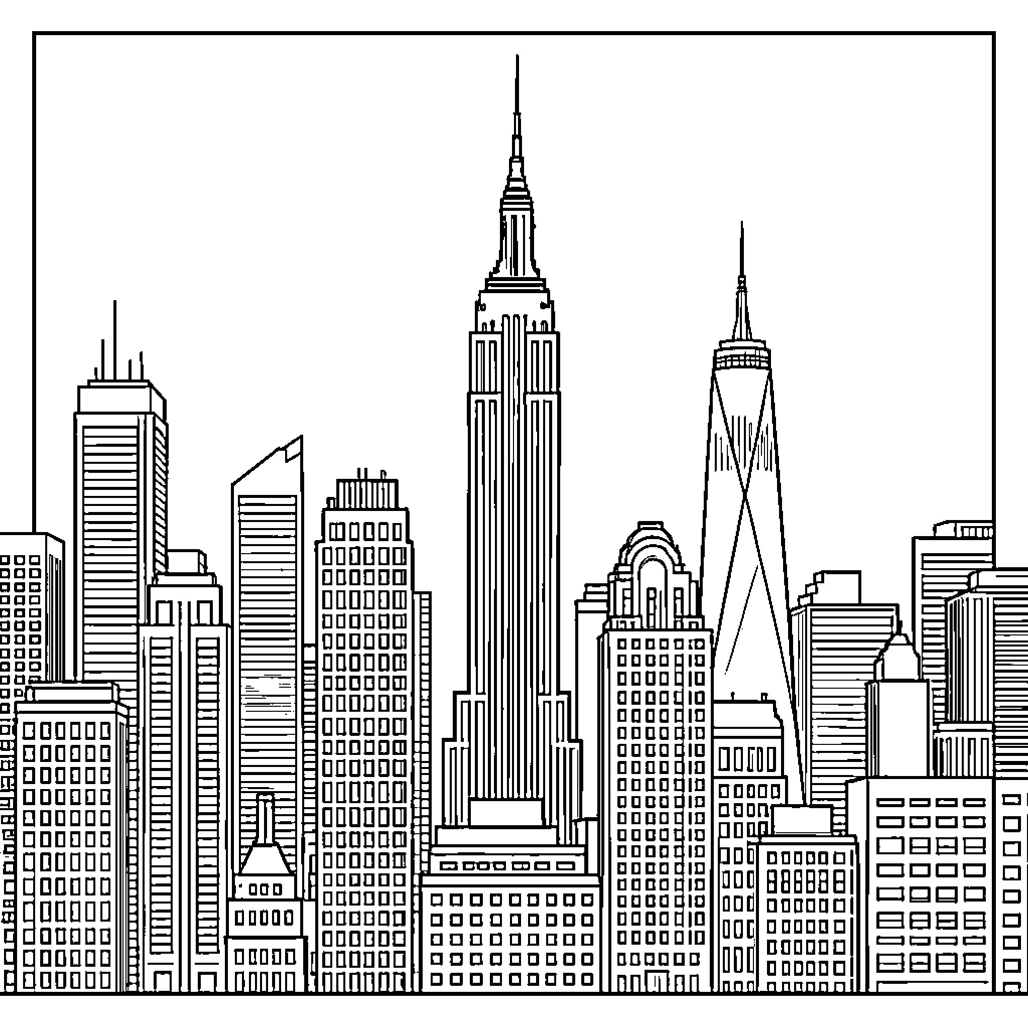 NYC Skyline showcasing towering skyscrapers and urban architecture Coloring Page (free black-and-white line drawing printable PDF for all, from beginners to advanced learners, including children, teens, adults, and seniors)