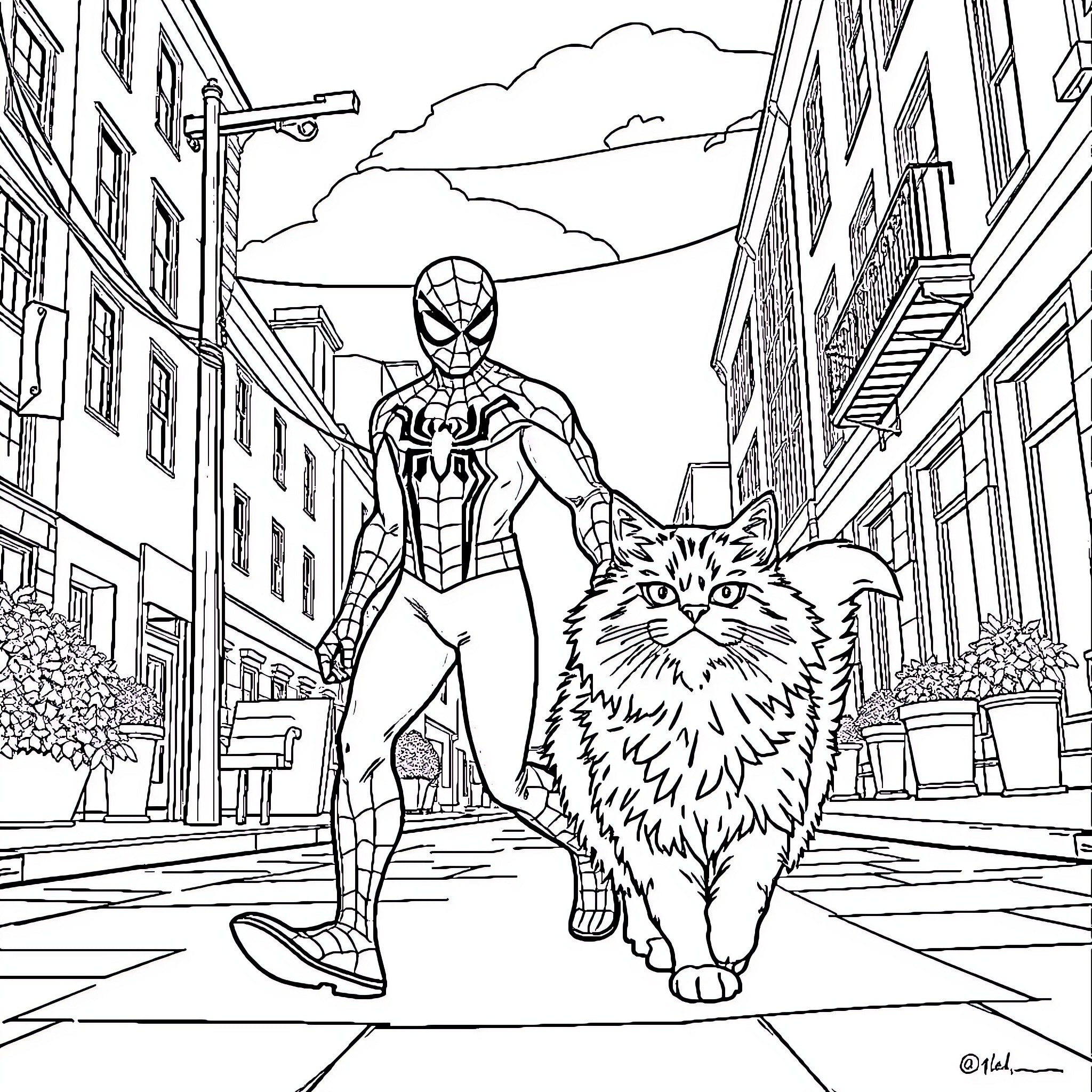 Spiderman walking with a fluffy cat in the city Coloring Page (free black-and-white line drawing printable PDF for all, from beginners to advanced learners, including children, teens, adults, and seniors)
