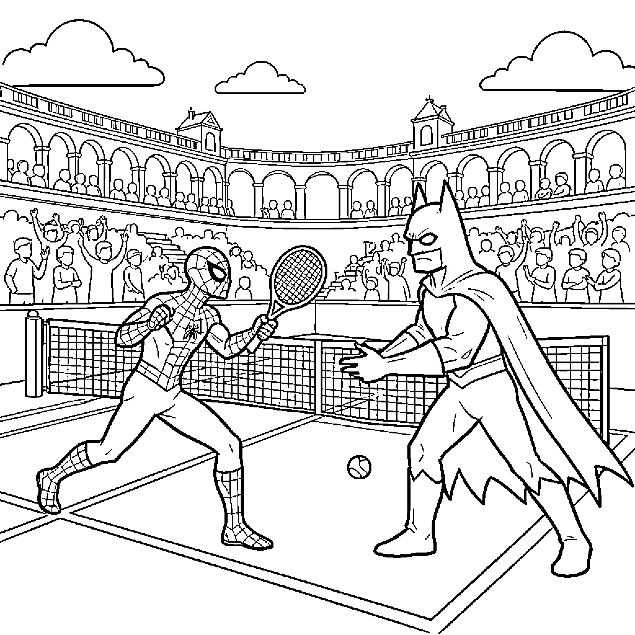 Spiderman playing tennis against Batman in a stadium Coloring Page (free black-and-white line drawing printable PDF for all, from beginners to advanced learners, including children, teens, adults, and seniors)