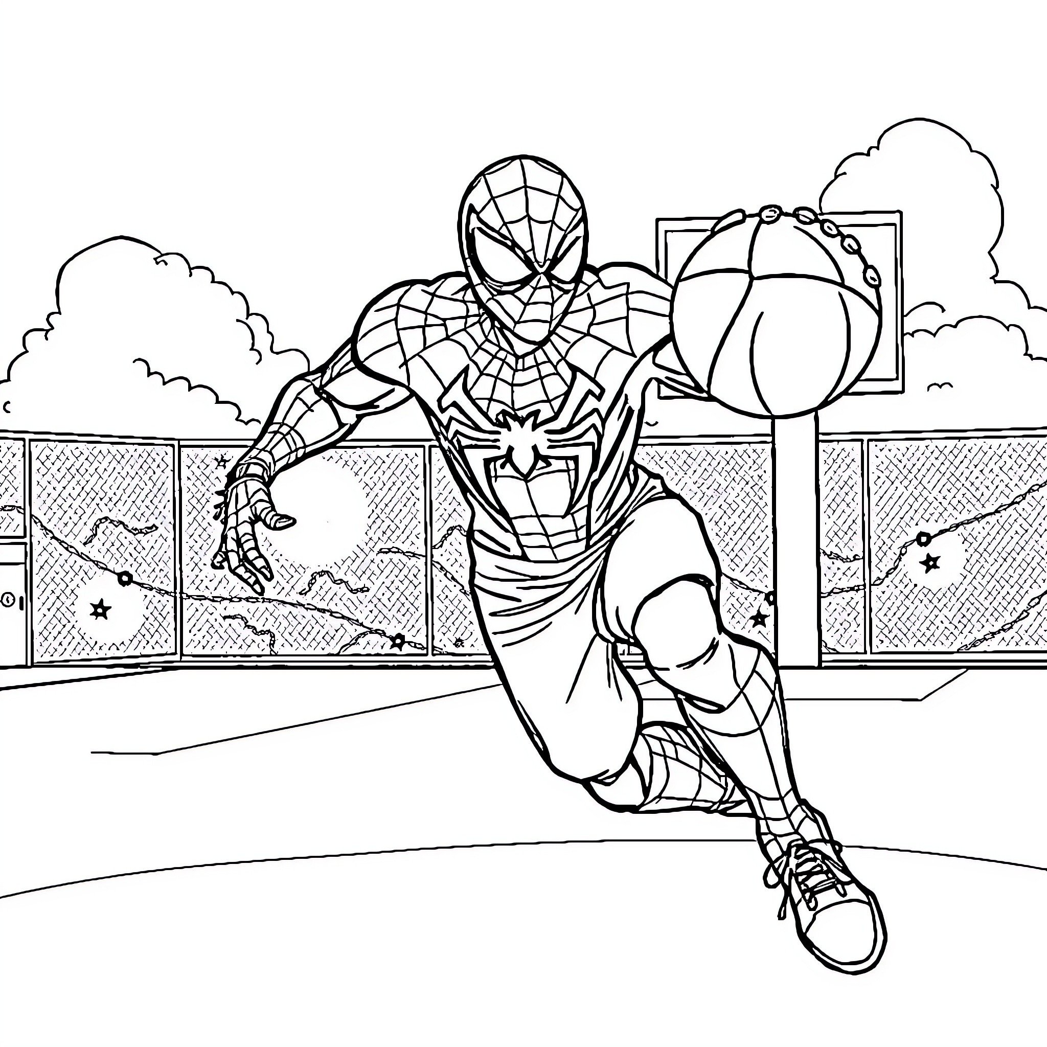 Spiderman swinging through the city Coloring Page (free black-and-white line drawing printable PDF for all, from beginners to advanced learners, including children, teens, adults, and seniors)