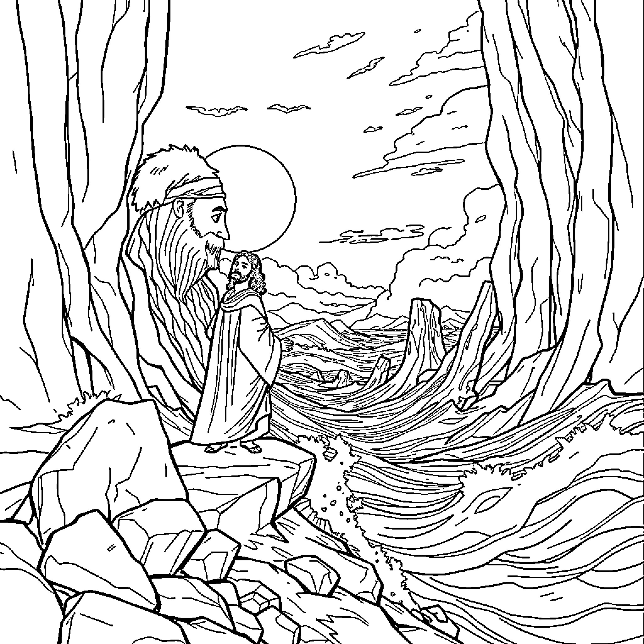 Moses overlooking the Promised Land Coloring Page (free black-and-white line drawing printable PDF for all, from beginners to advanced learners, including children, teens, adults, and seniors)