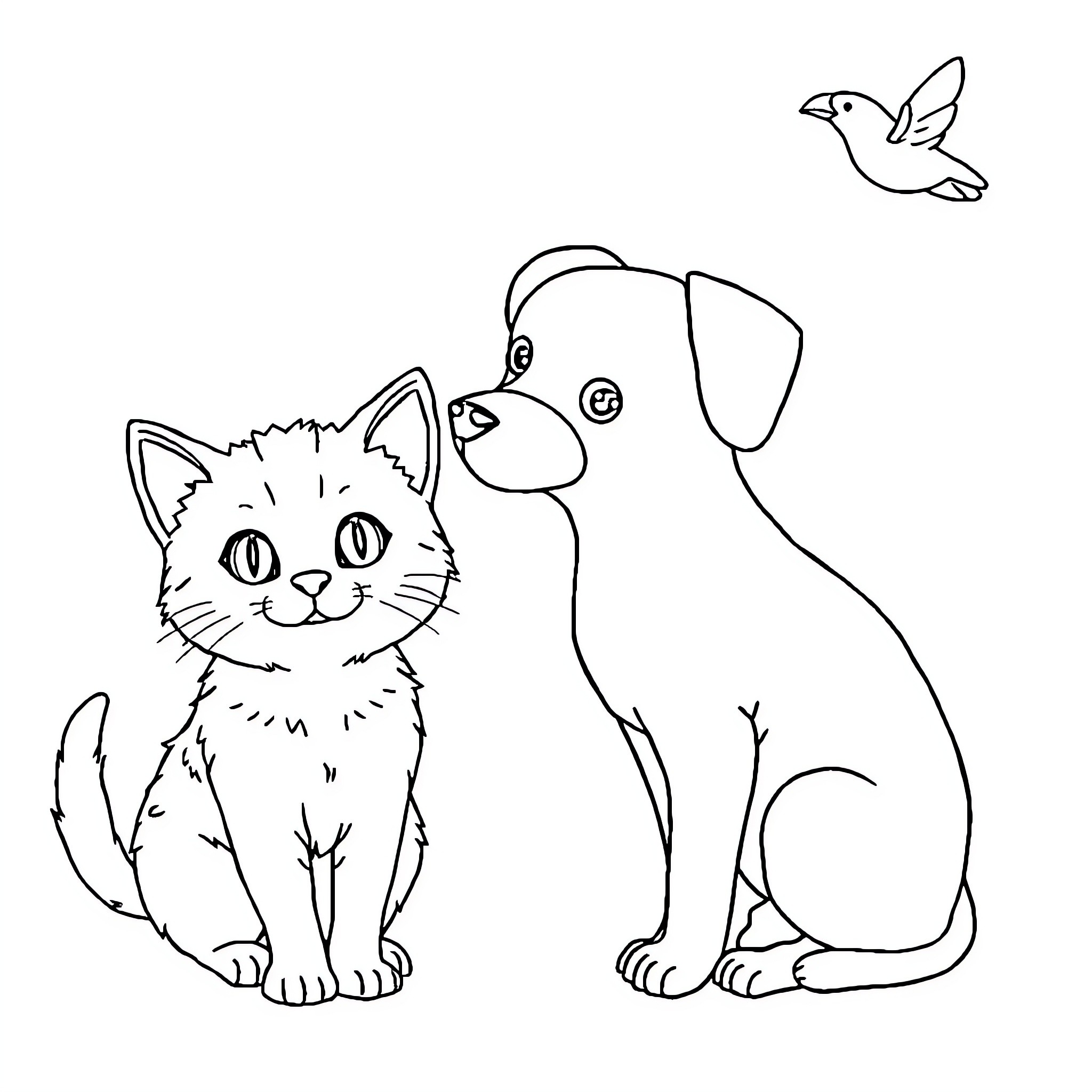 Animal friends enjoying a playful moment Coloring Page (free black-and-white line drawing printable PDF for all, from beginners to advanced learners, including children, teens, adults, and seniors)