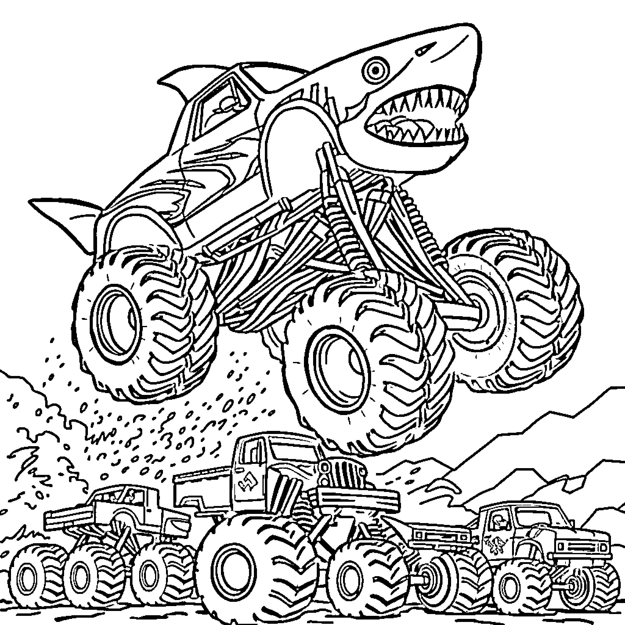 Shark Monster Truck Racing Over Trucks Coloring Page (free black-and-white line drawing printable PDF for all, from beginners to advanced learners, including children, teens, adults, and seniors)