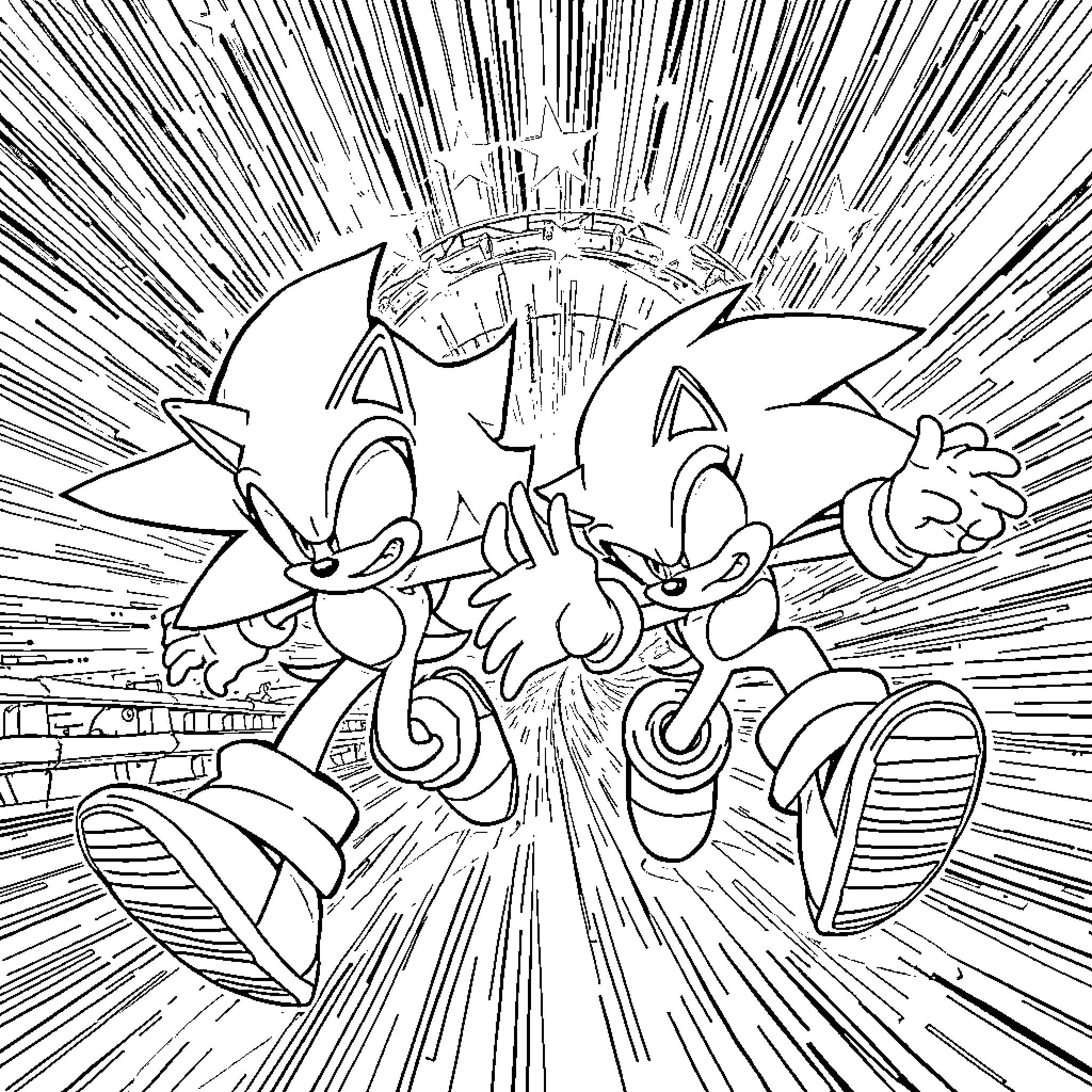 Metal Sonic characters in high-speed confrontation Coloring Page (free black-and-white line drawing printable PDF for all, from beginners to advanced learners, including children, teens, adults, and seniors)