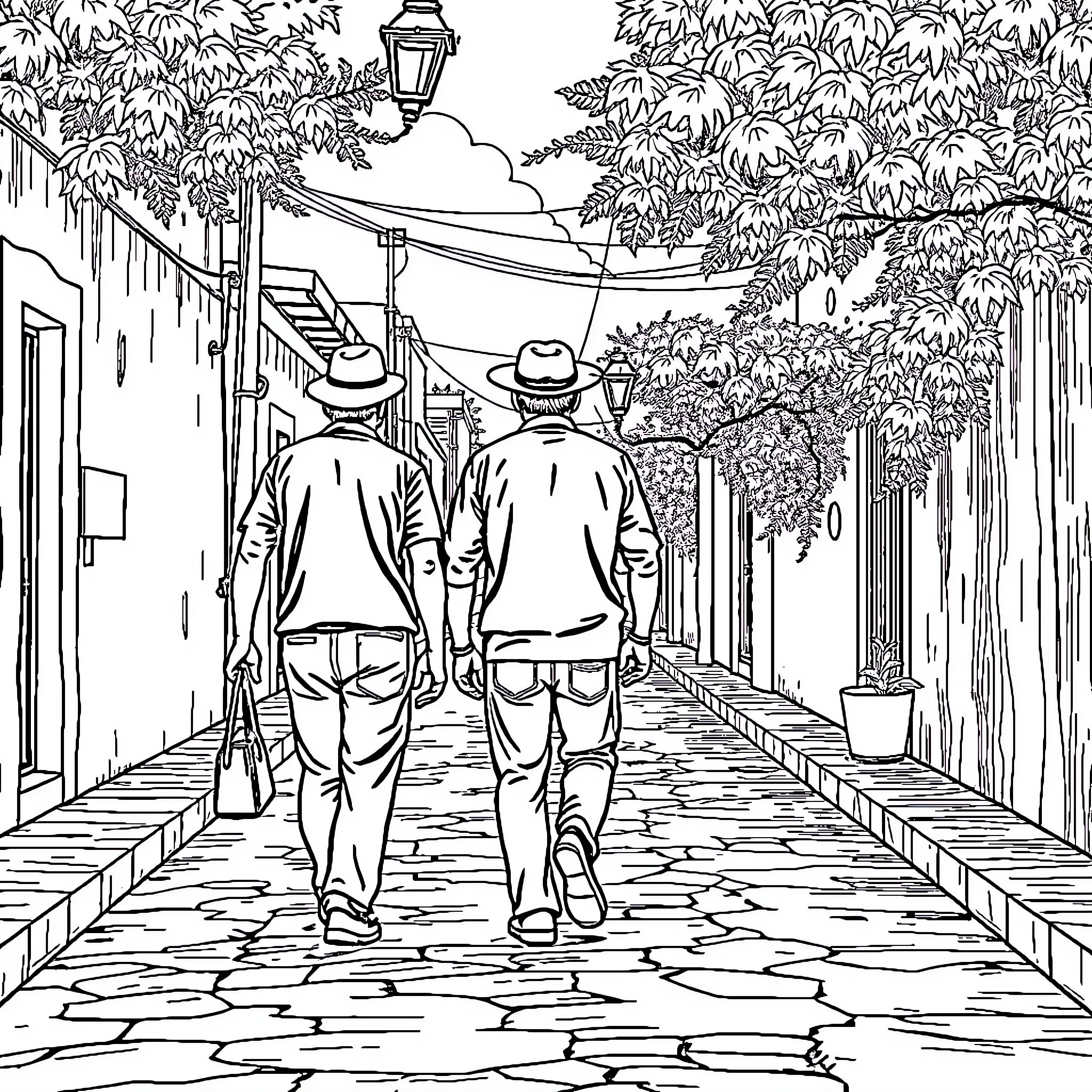 Man strolling down a quaint village street Coloring Page (free black-and-white line drawing printable PDF for all, from beginners to advanced learners, including children, teens, adults, and seniors)