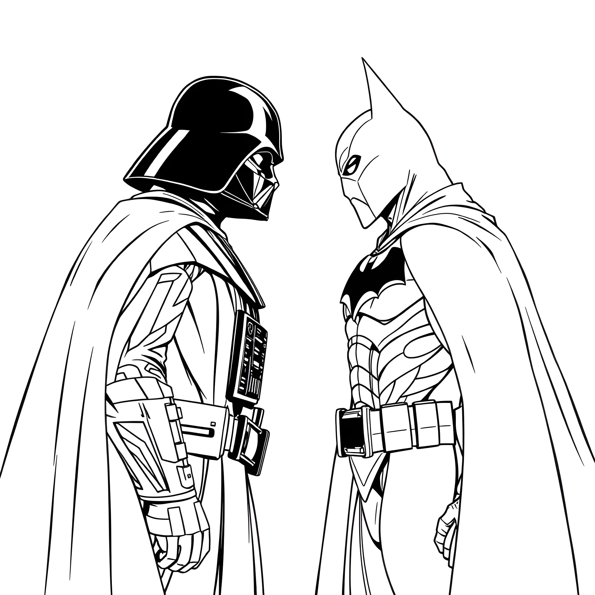 Darth Vader confronting the Dark Knight Coloring Page (free black-and-white line drawing printable PDF for all, from beginners to advanced learners, including children, teens, adults, and seniors)