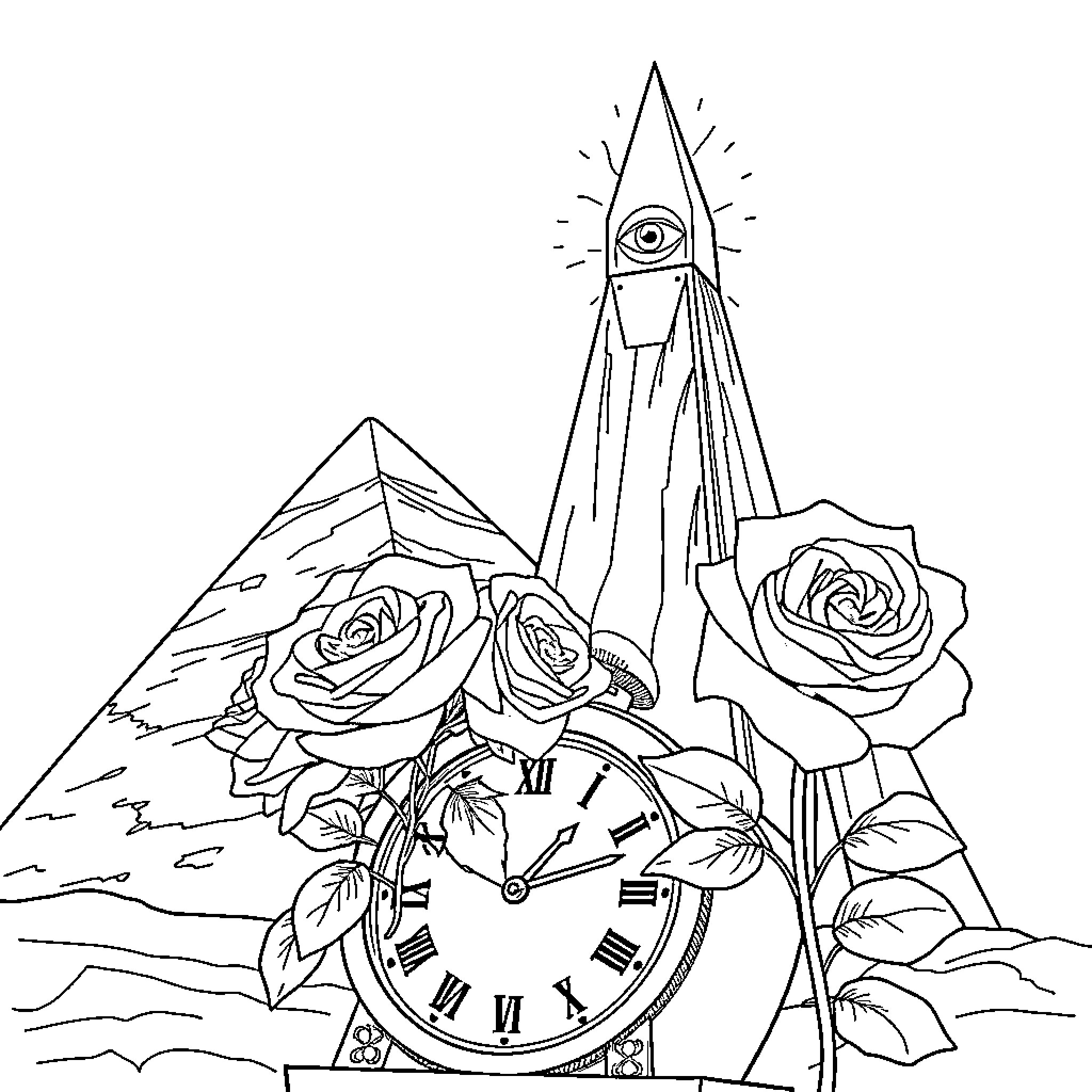 Rose Blossoms Beside Mystical Clock and Pyramid Coloring Page (free black-and-white line drawing printable PDF for all, from beginners to advanced learners, including children, teens, adults, and seniors)